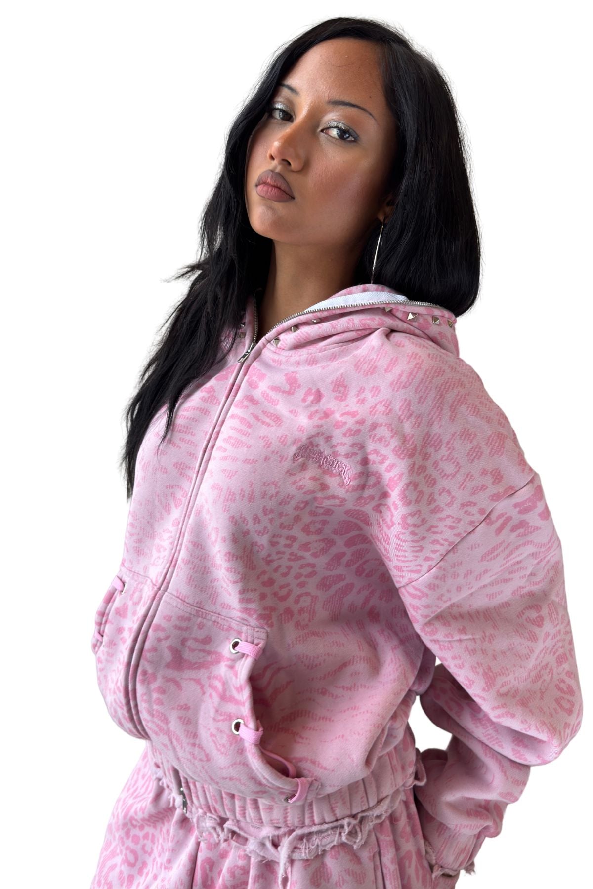 Leopard Zip Hoodie (Pink)