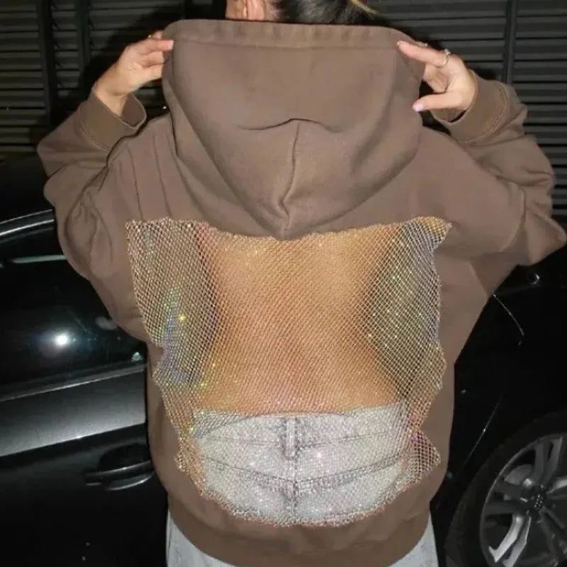 Rhinestone Mesh Back Oversized Hoodie
