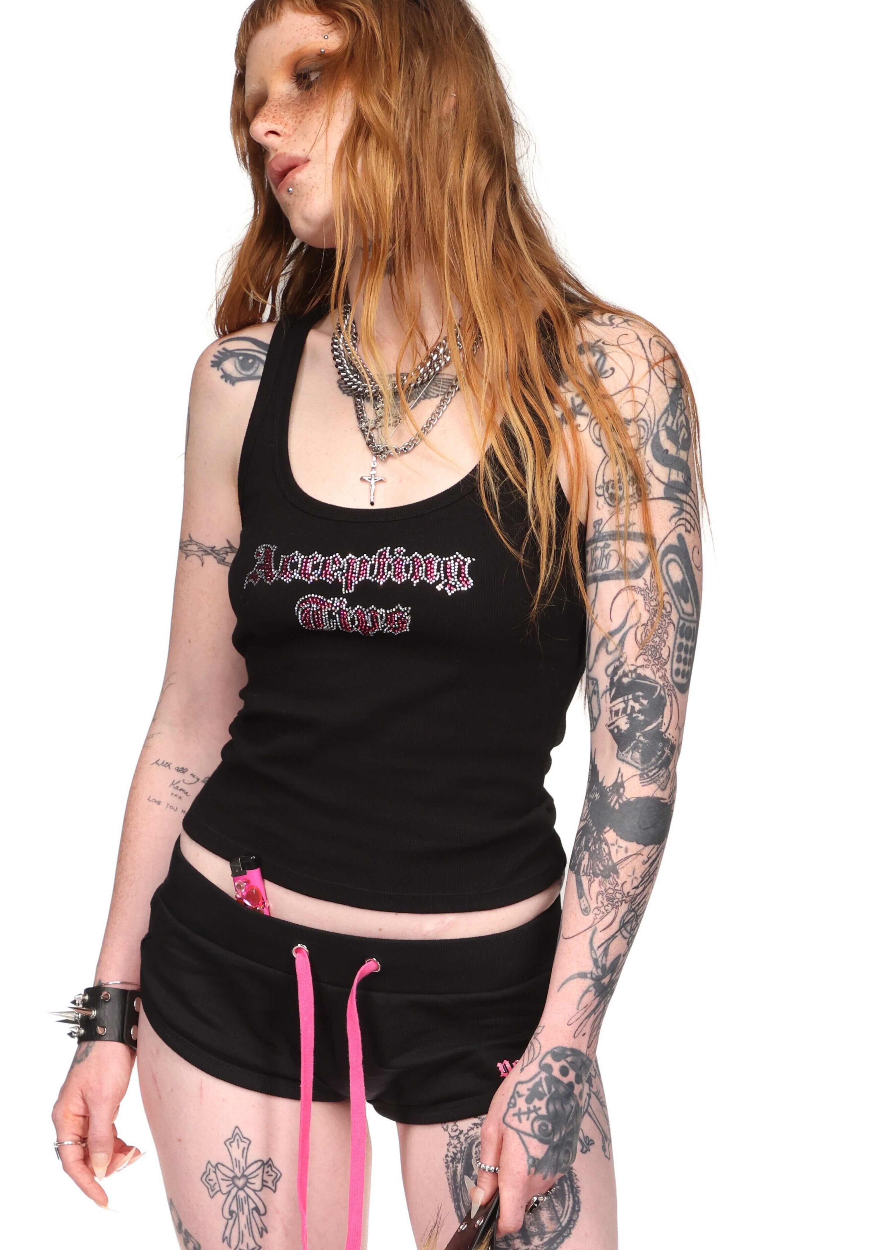 ACCEPTING TIPS RHINESTONE TANK TOP BLACK