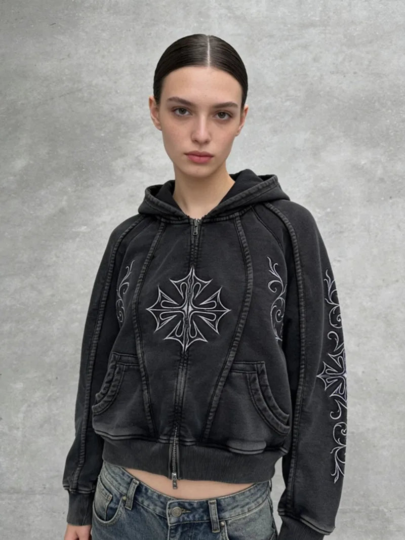 Noir Tribal Gothic Cropped Zip Hoodie