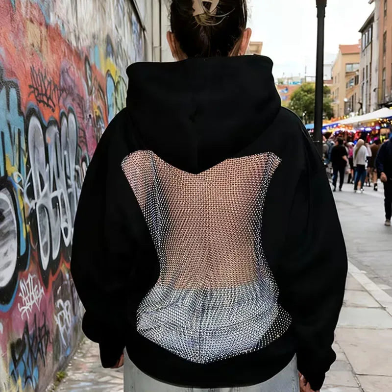 Rhinestone Mesh Back Oversized Hoodie