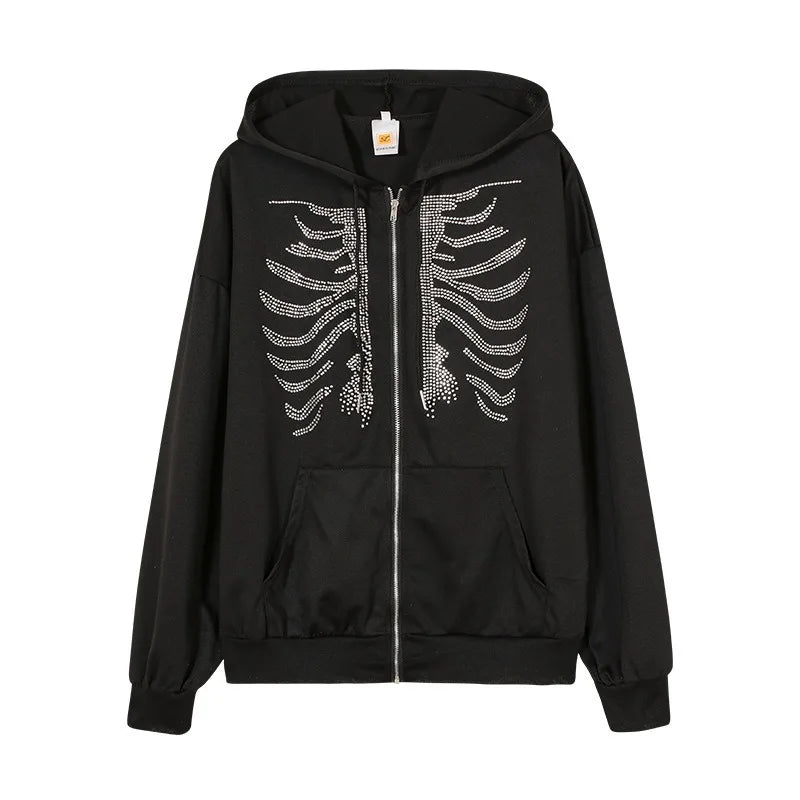 Rhinestone Ribcage Gothic Zip Hoodie