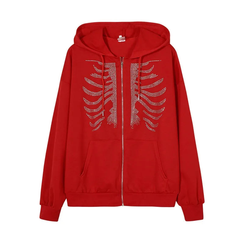 Rhinestone Ribcage Gothic Zip Hoodie