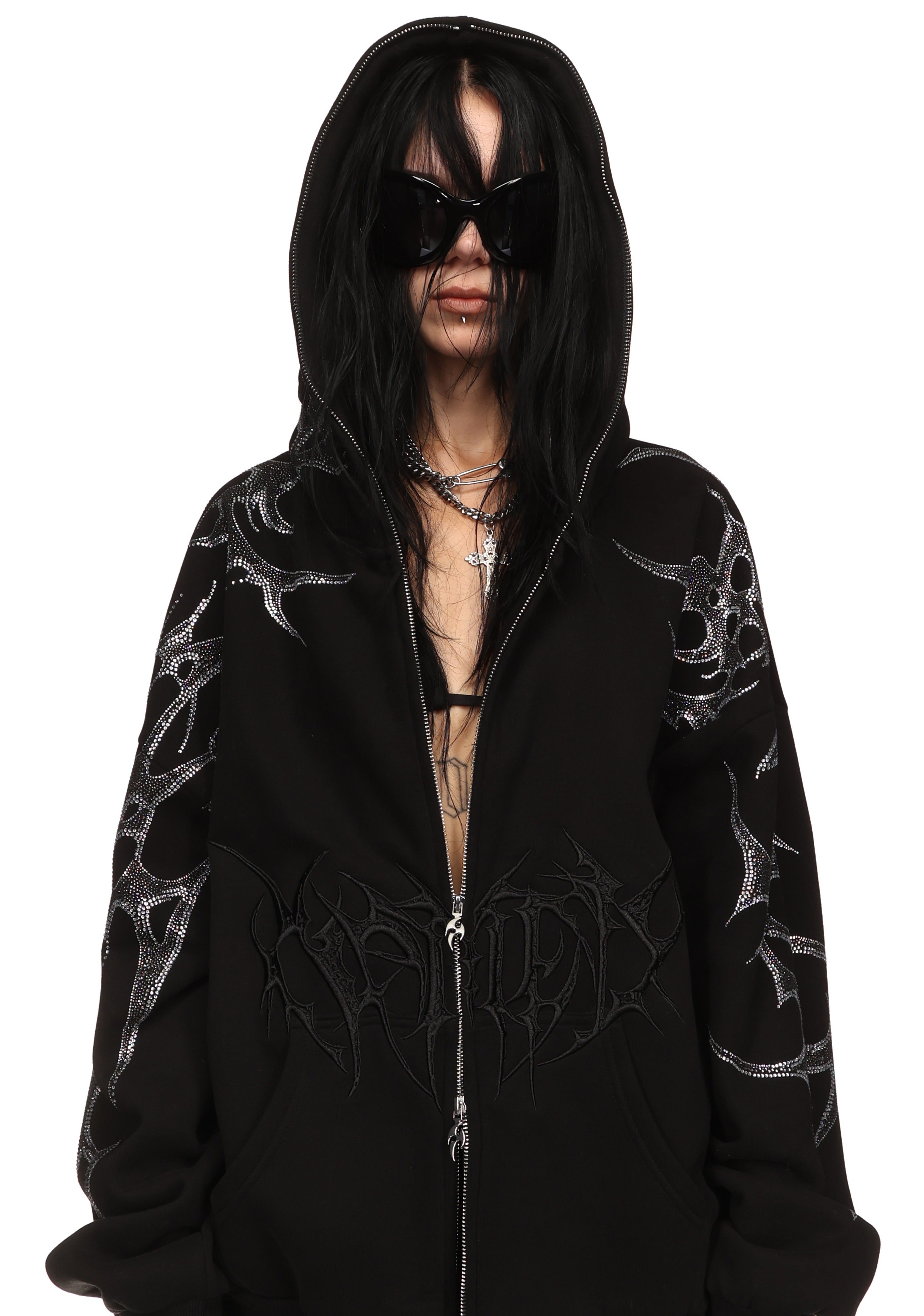 CRASH RHINESTONE ZIP HOODIE BLACK