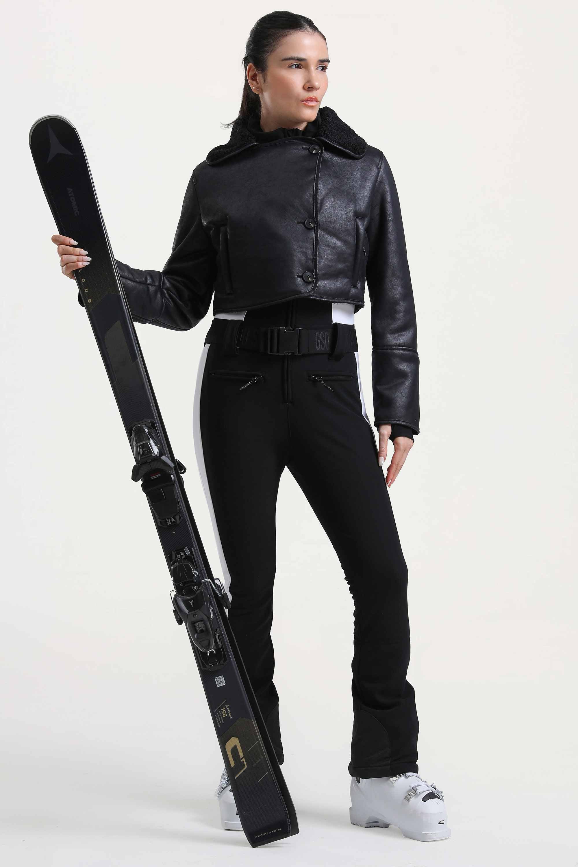 Women's Black & Brown Chic Slim-Fit One-Piece Ski Suit with Detachable Cozy Sherpa Jacket & Flared Legs