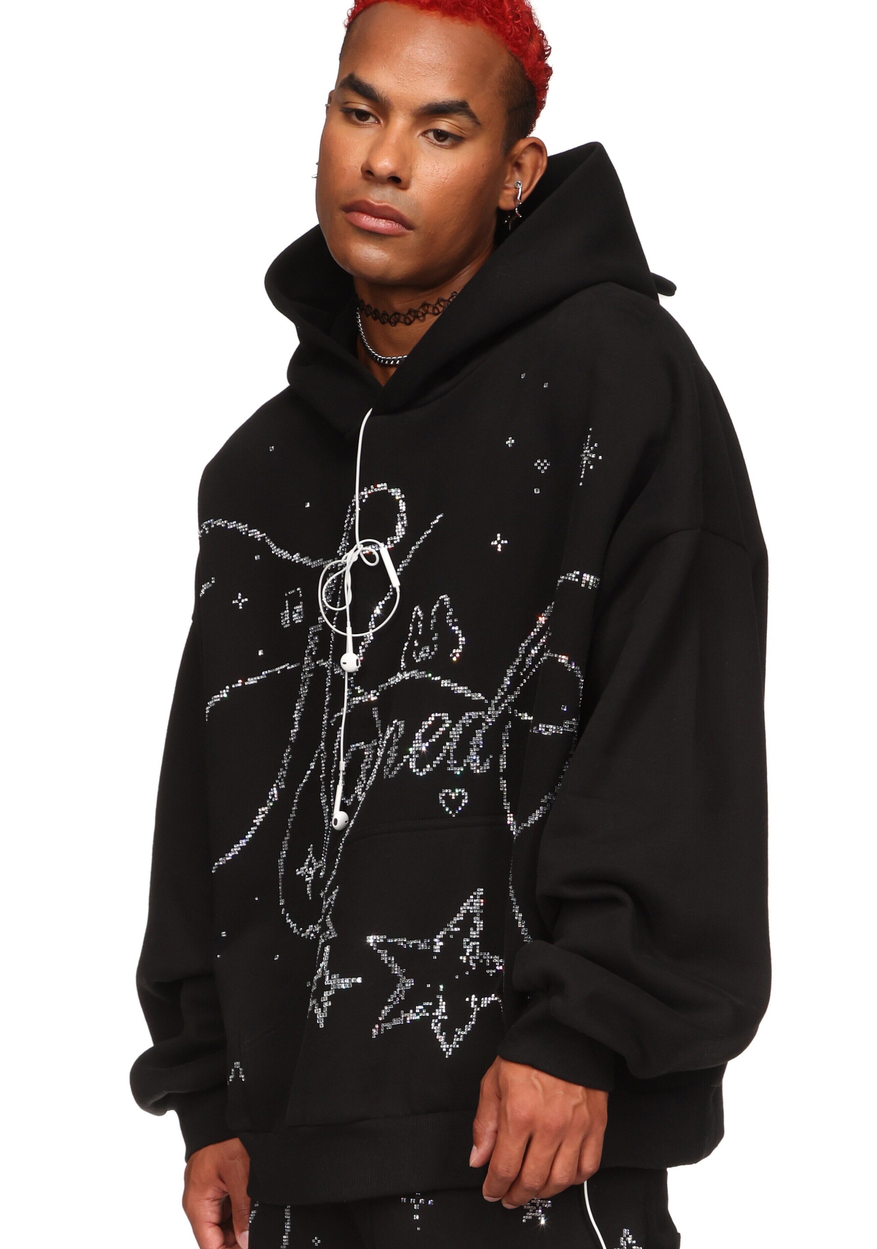 DREAMER RHINESTONE TEDDY PULLOVER HOODIE BLACK