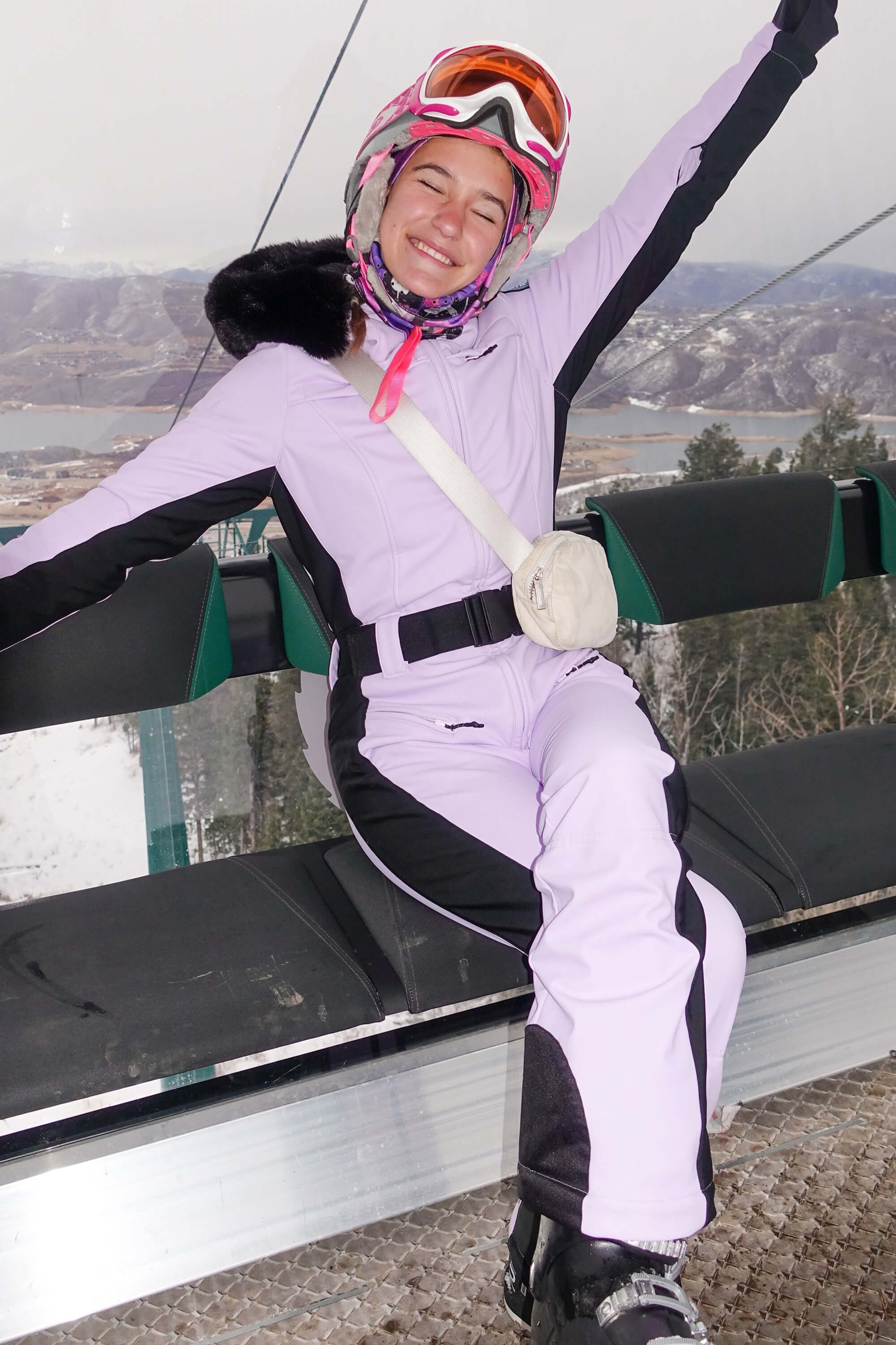 Women's Minimalist Faux Fur Lavender Down One-piece Ski Suits