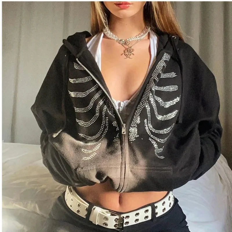 Rhinestone Ribcage Gothic Zip Hoodie