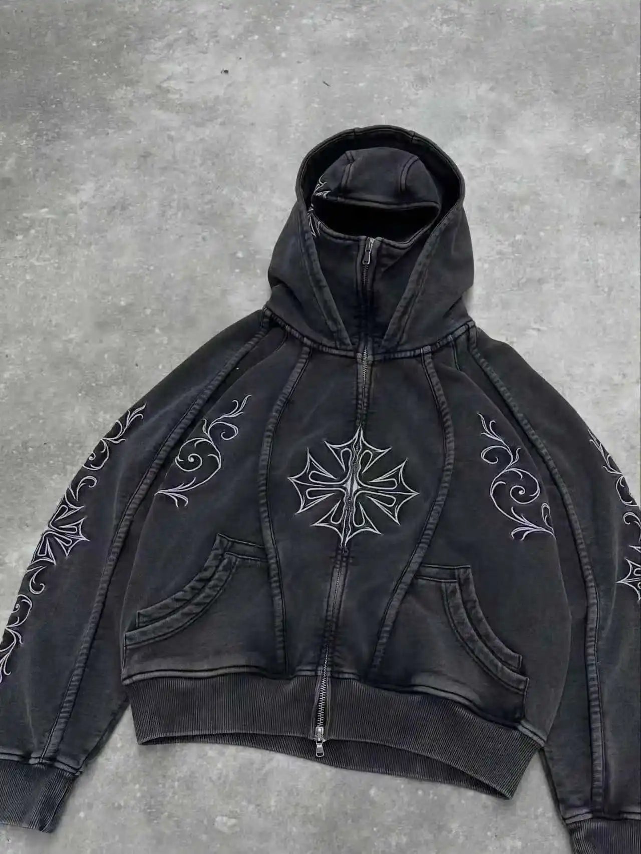 Noir Tribal Gothic Cropped Zip Hoodie
