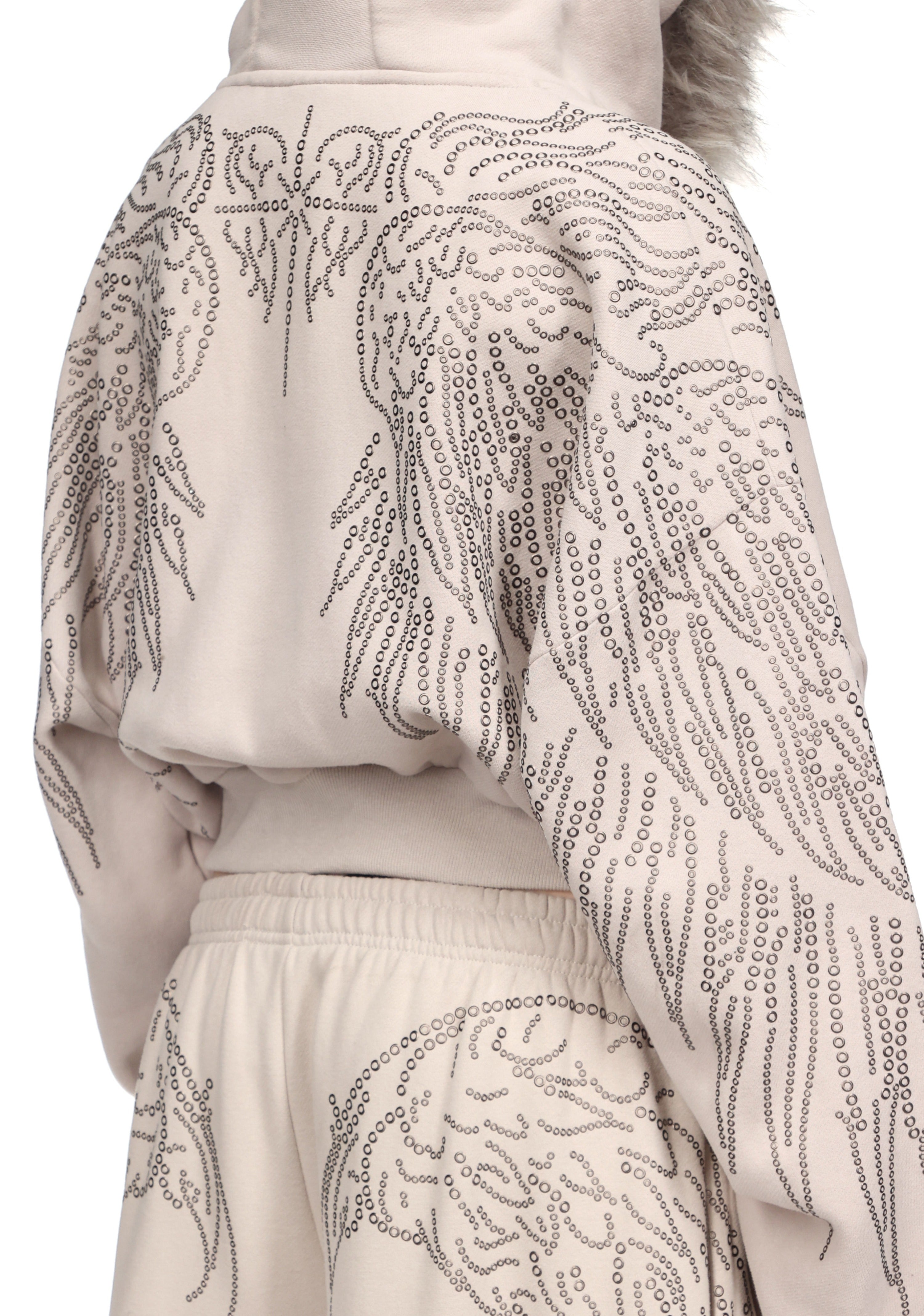 FALLEN FAUX FUR STUDDED CROP ZIP HOODIE BONE (DETACHABLE FUR)