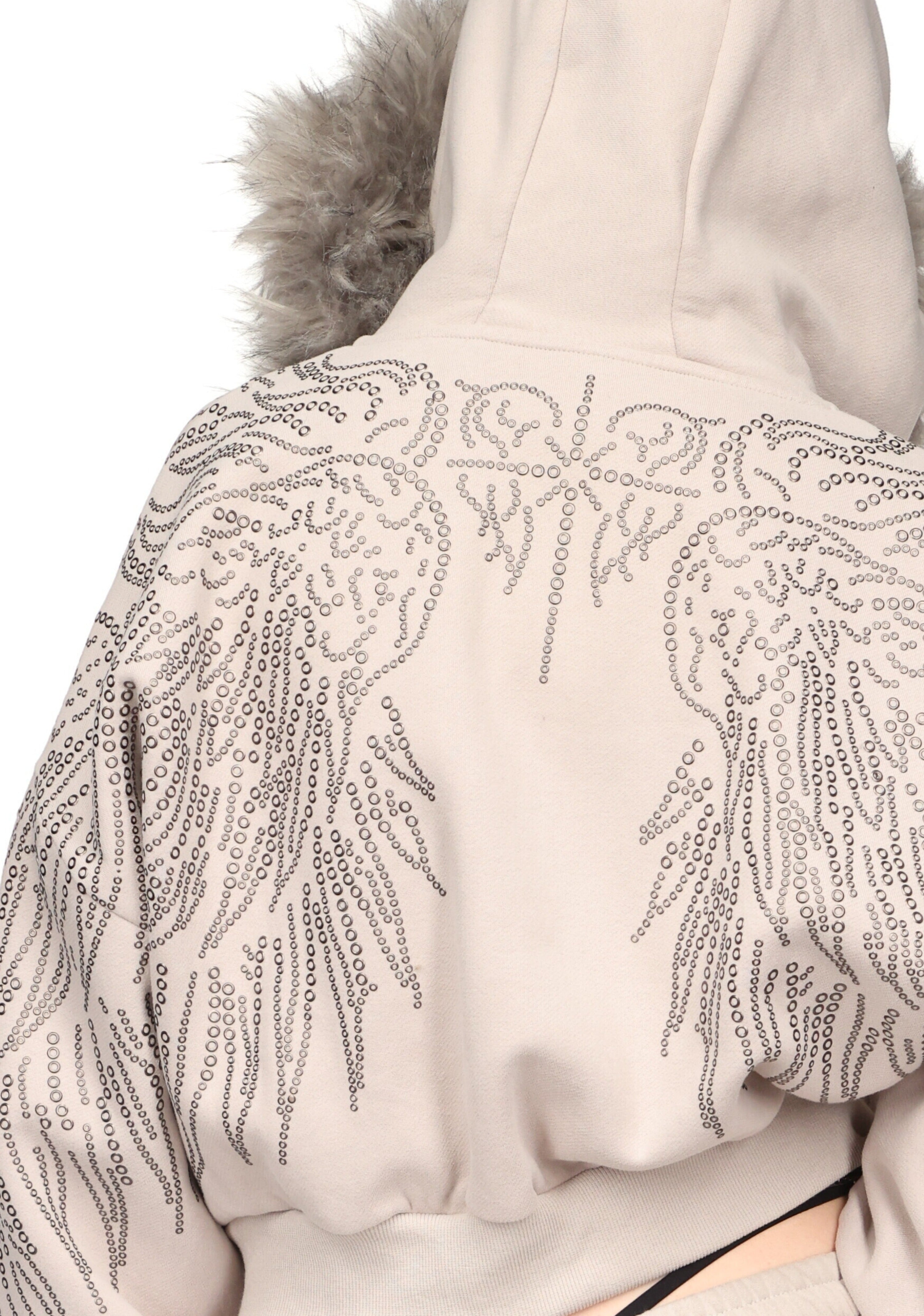 FALLEN FAUX FUR STUDDED CROP ZIP HOODIE BONE (DETACHABLE FUR)
