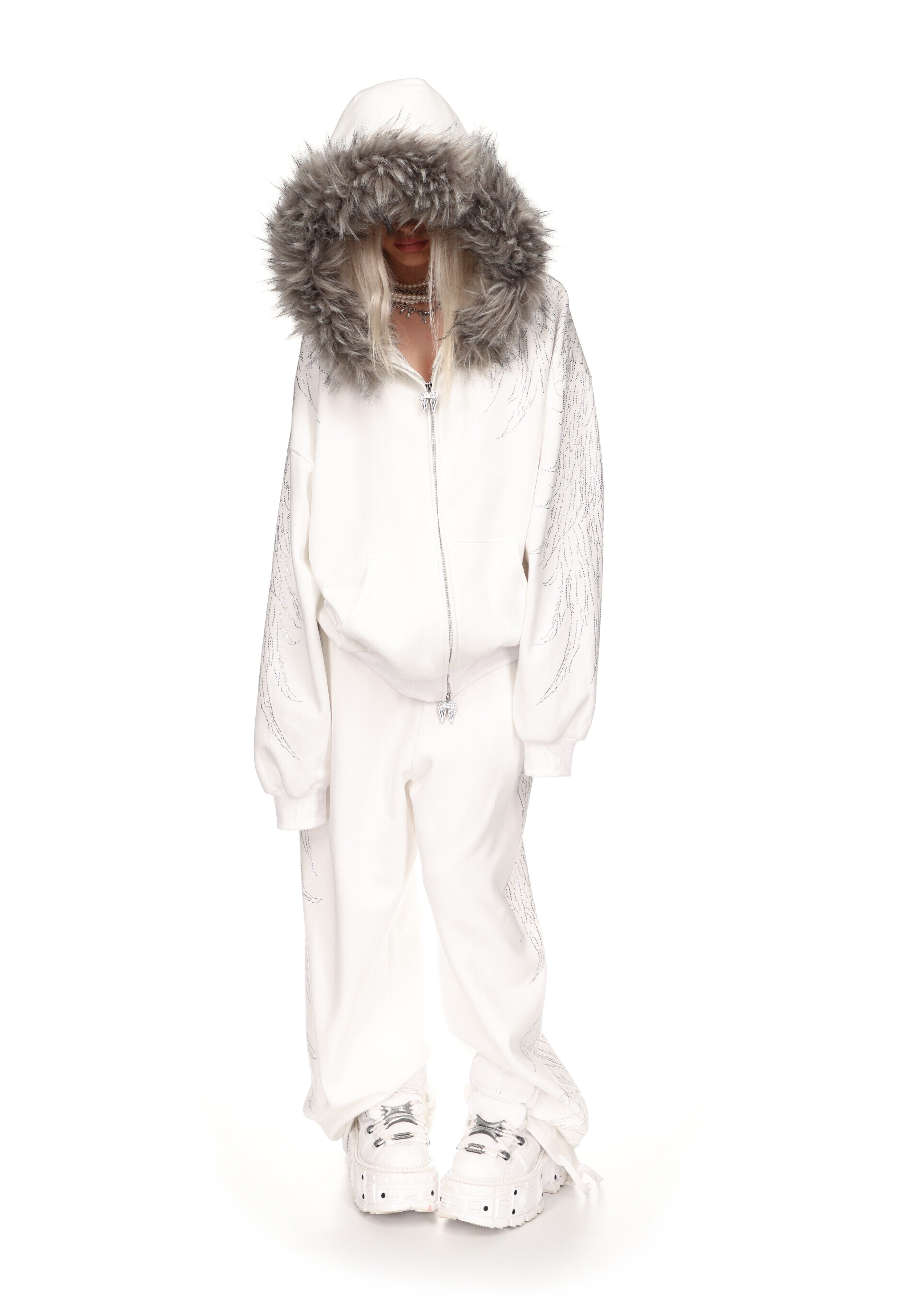 FALLEN FAUX FUR RHINESTONE ZIP HOODIE WHITE (DETACHABLE FUR)