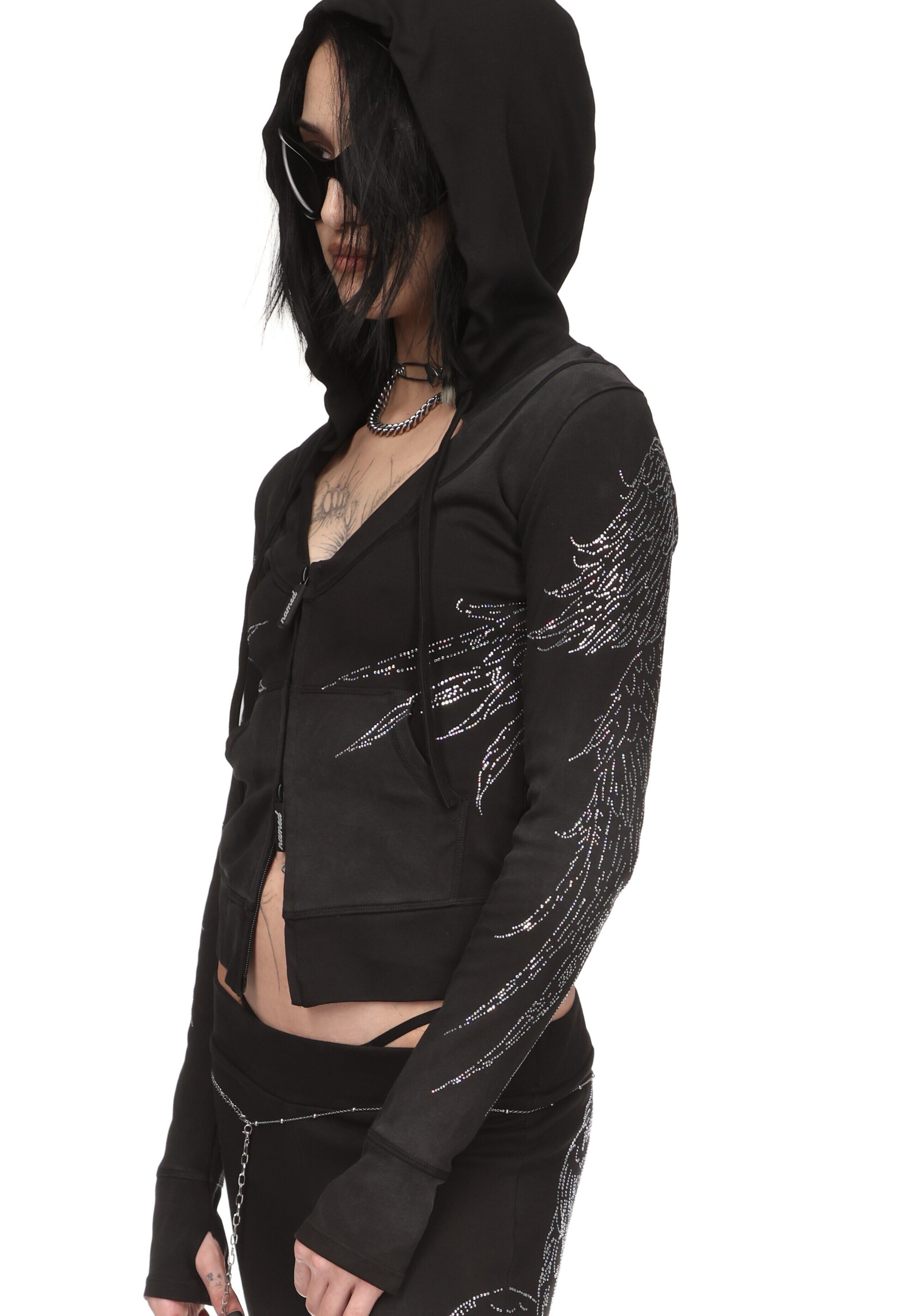 FALLEN RHINESTONE SCULPT STRETCH HOODIE WASHED BLACK