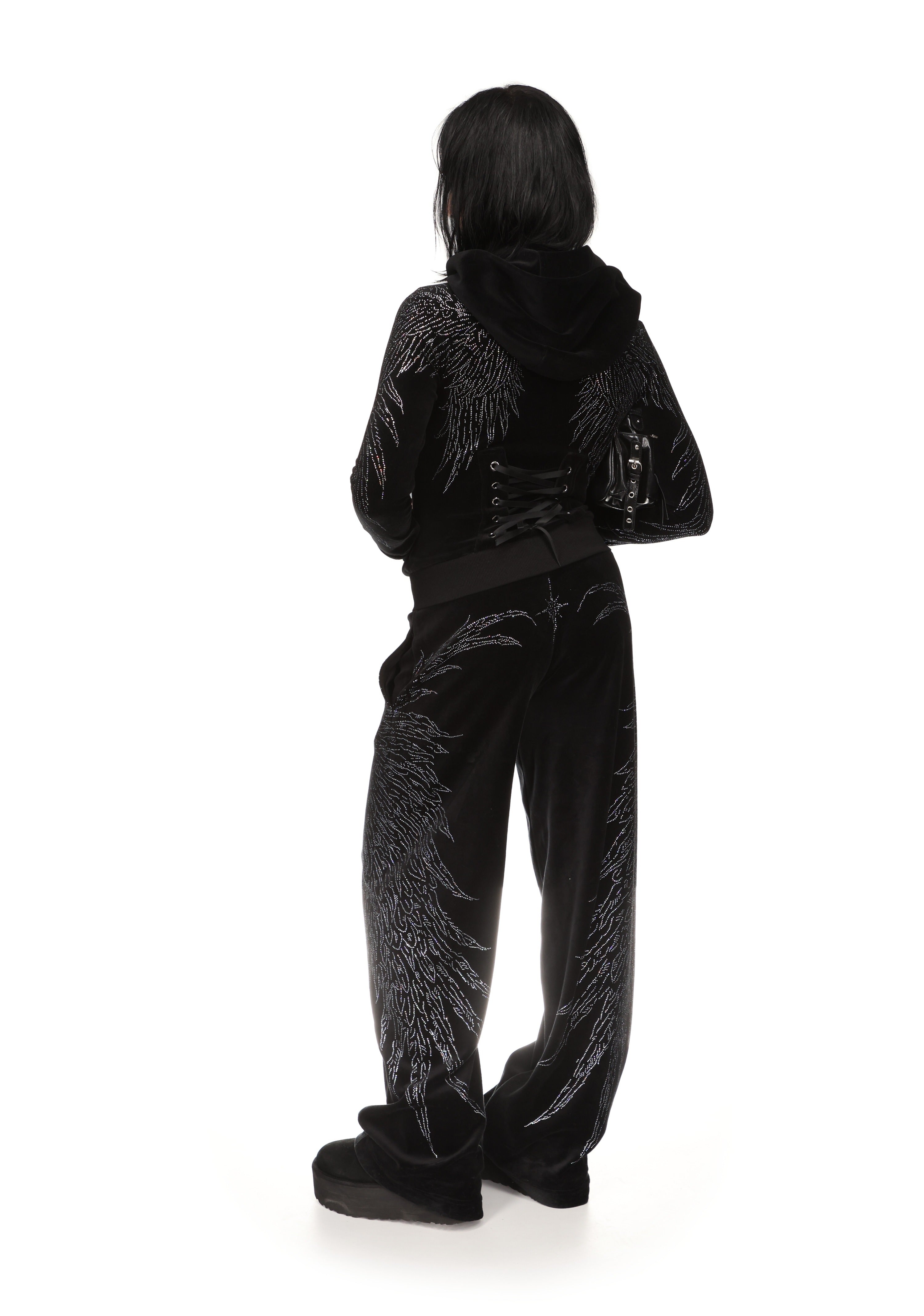 FALLEN RHINESTONE VELOUR SWEATPANTS BLACK