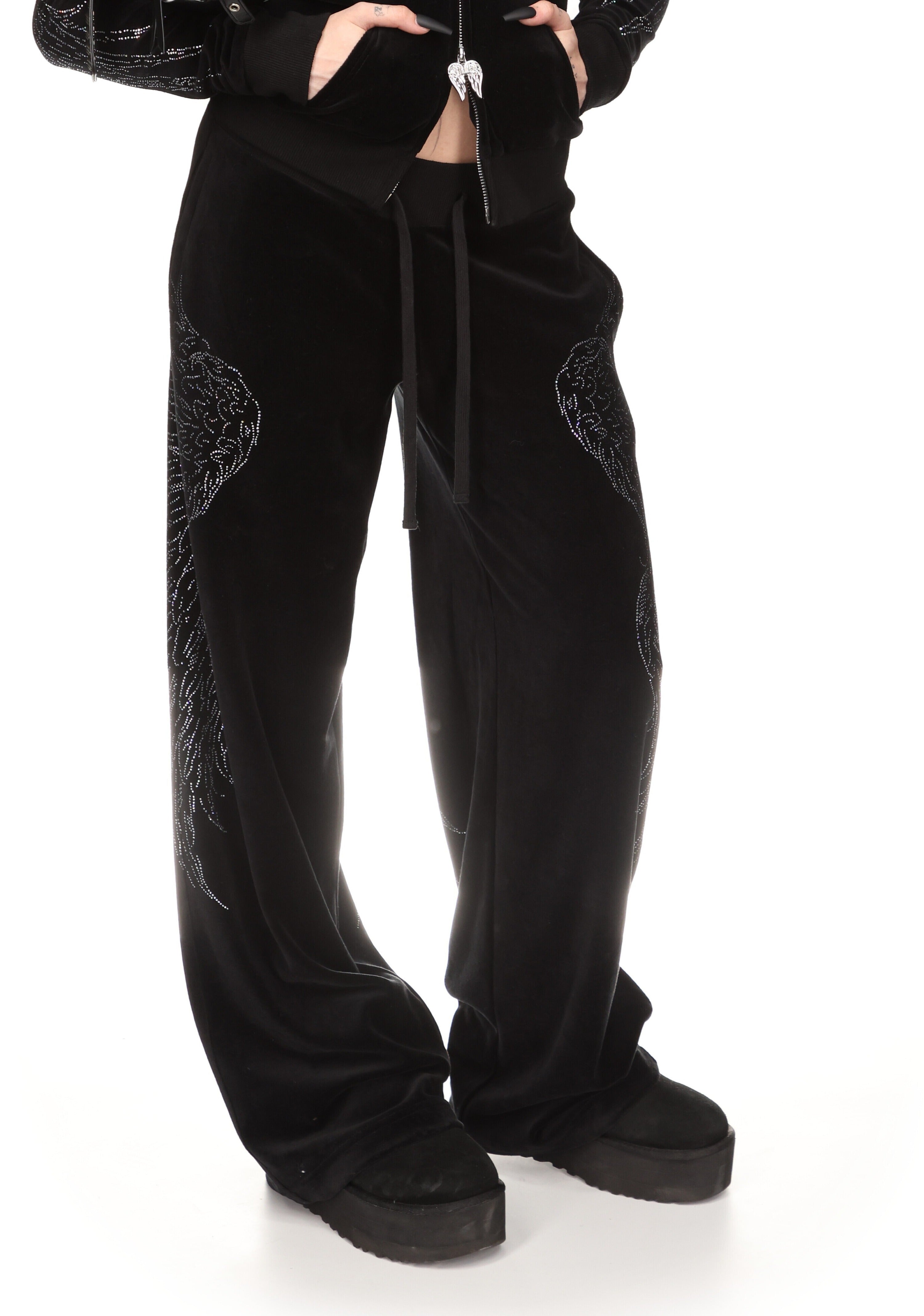 FALLEN RHINESTONE VELOUR SWEATPANTS BLACK