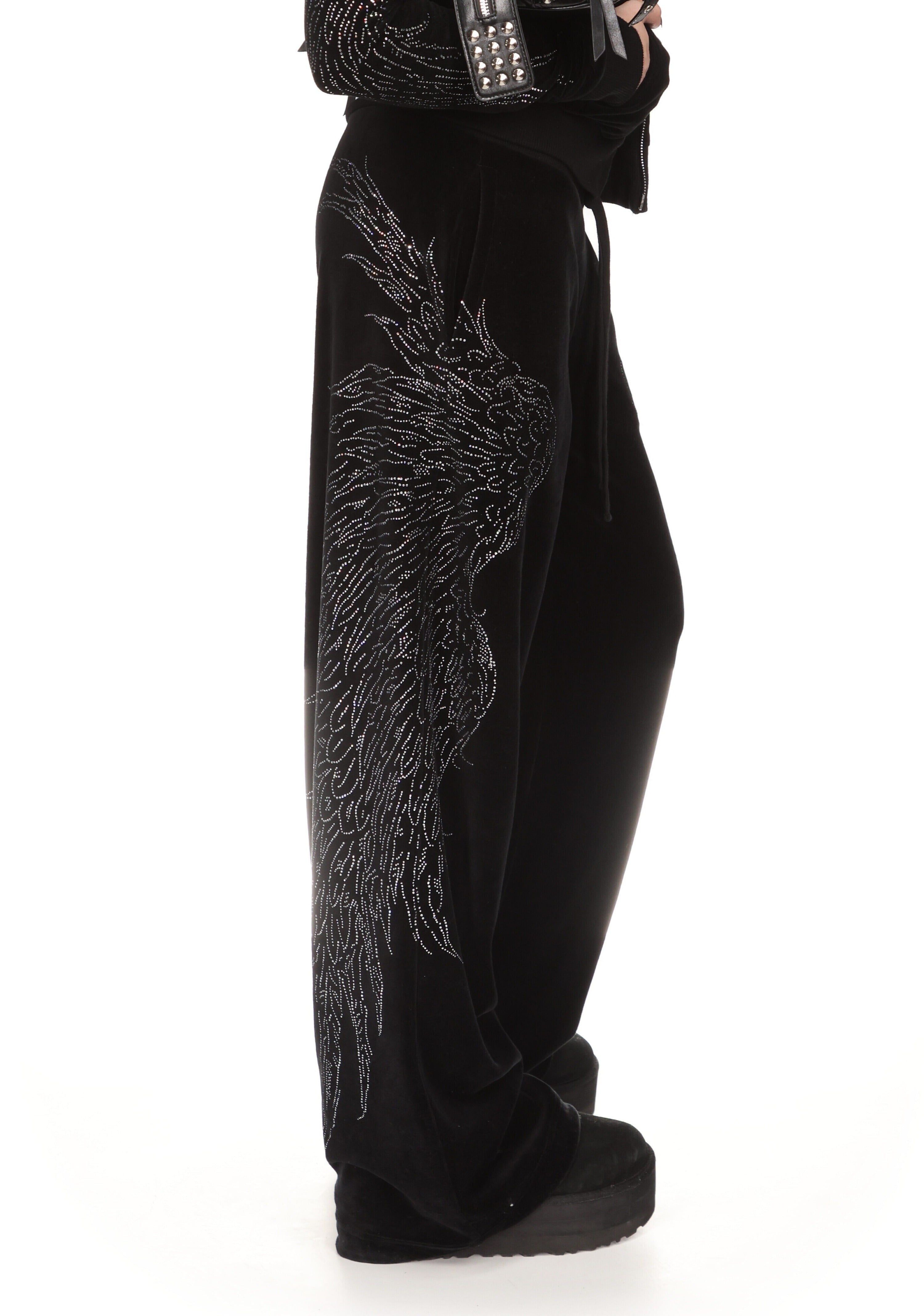 FALLEN RHINESTONE VELOUR SWEATPANTS BLACK