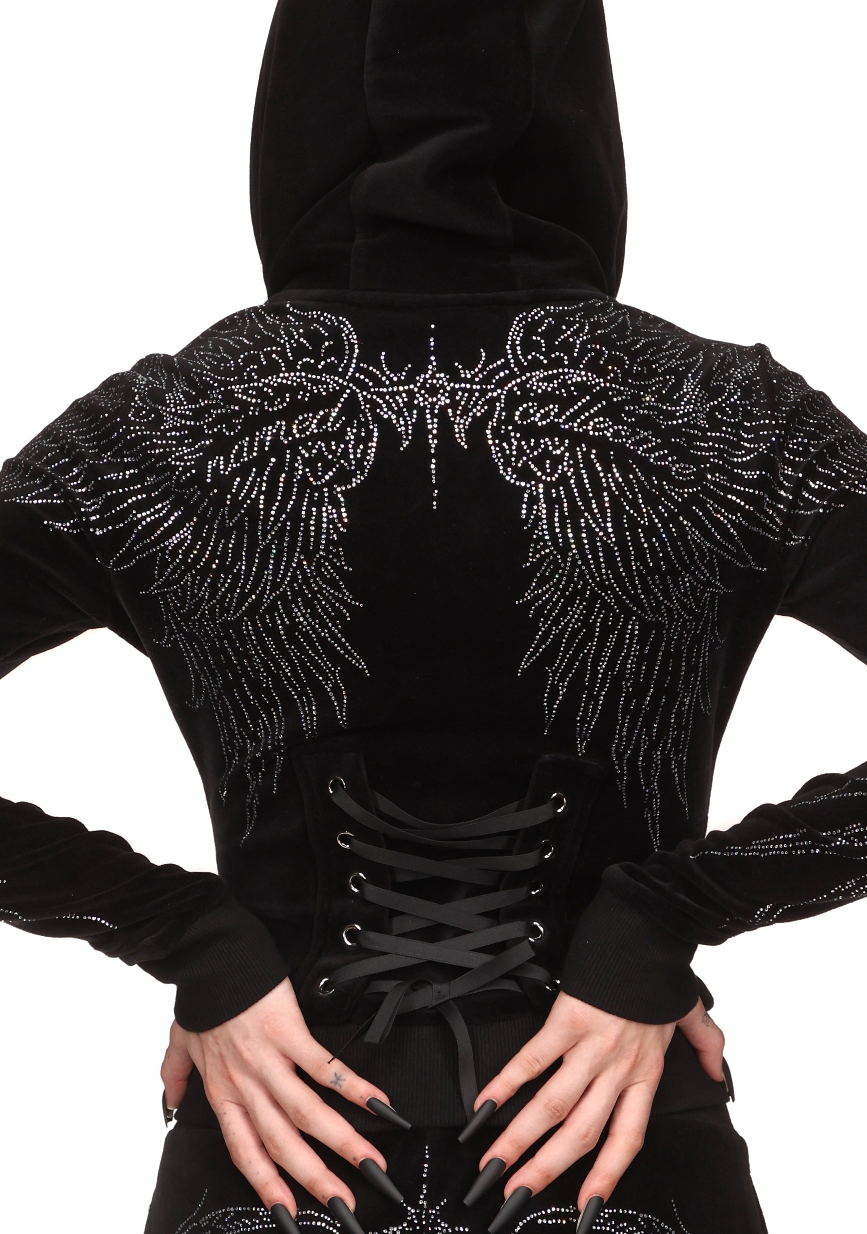 FALLEN RHINESTONE VELOUR ZIP HOODIE BLACK