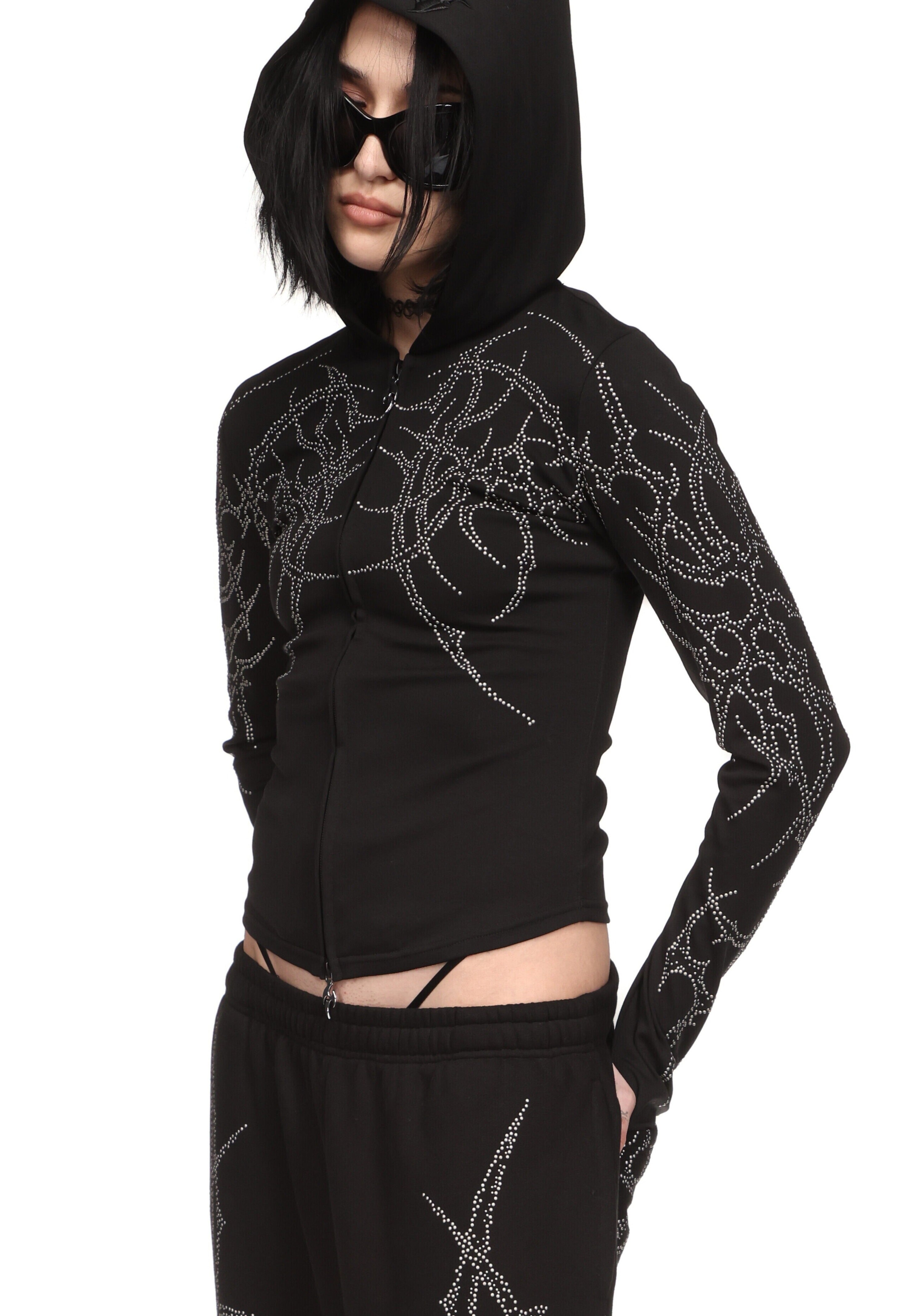 HAUNT STUDDED SCULPT STRETCH ZIP HOODIE BLACK