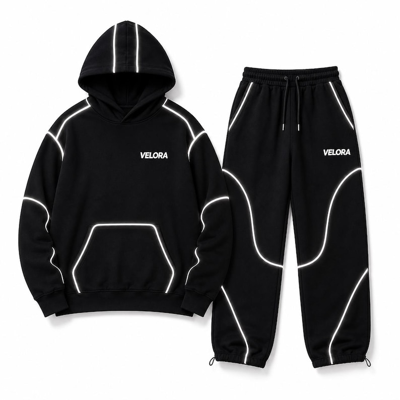 Black Reflective Piping Tracksuit, Unisex Techwear Hoodie and Joggers Set