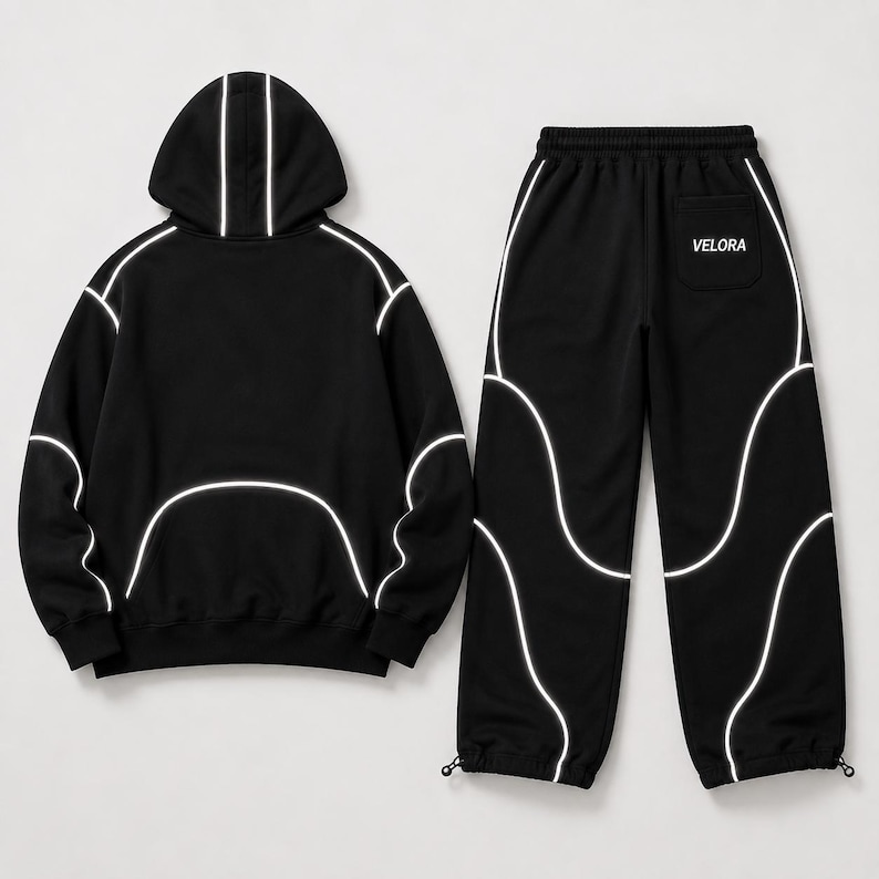 Black Reflective Piping Tracksuit, Unisex Techwear Hoodie and Joggers Set