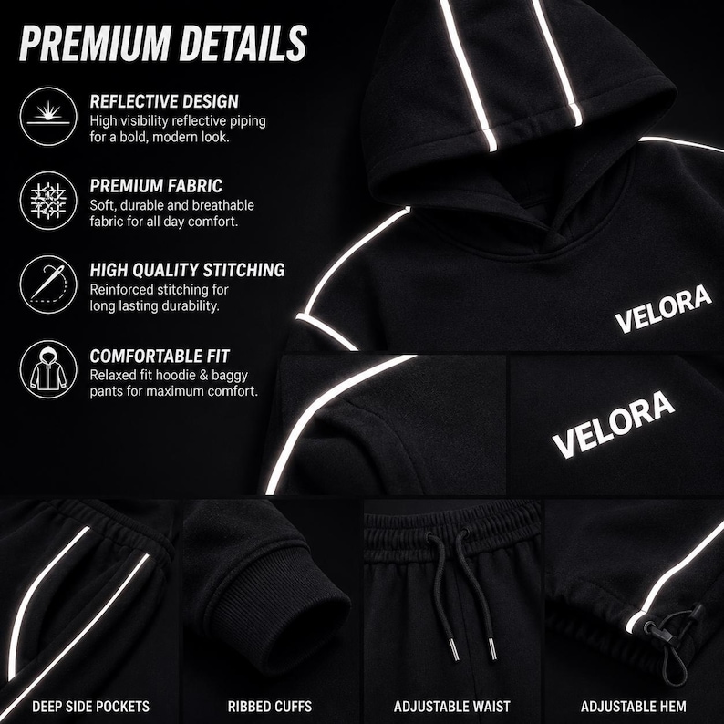 Black Reflective Piping Tracksuit, Unisex Techwear Hoodie and Joggers Set
