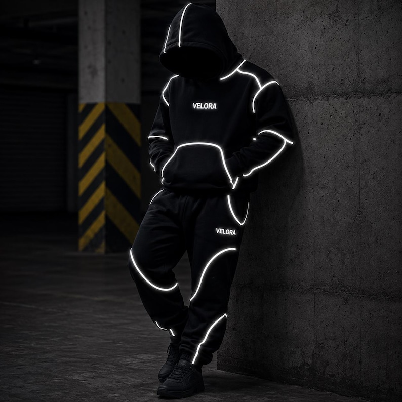 Black Reflective Piping Tracksuit, Unisex Techwear Hoodie and Joggers Set