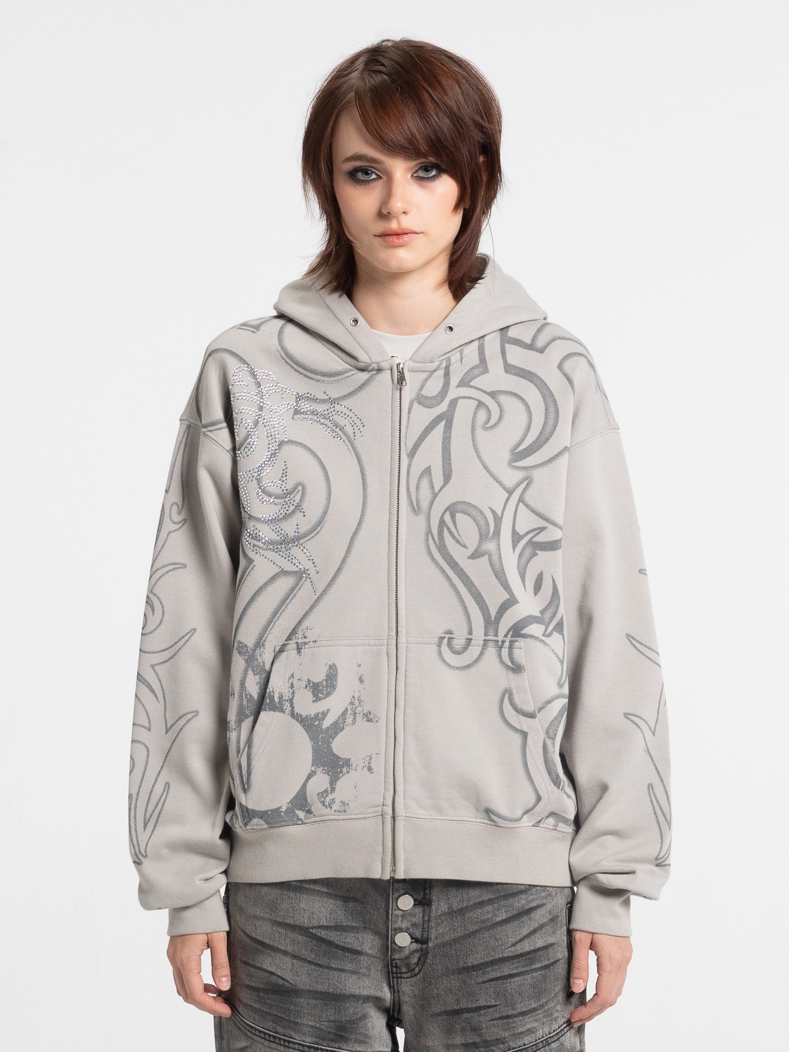 Rhinestone Tribal Zip Hoodie