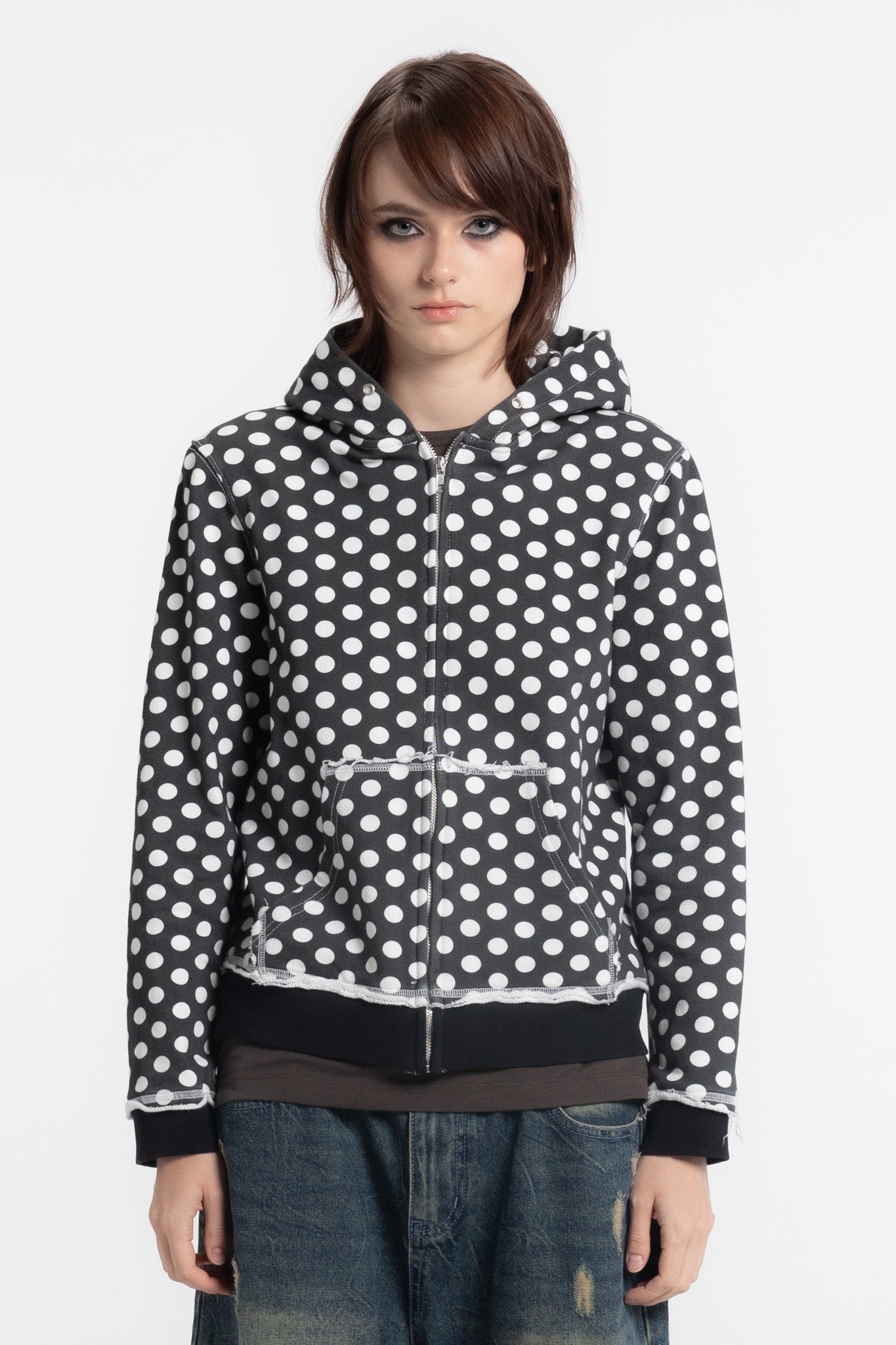Black Polka Dot Slim Zip Hoodie