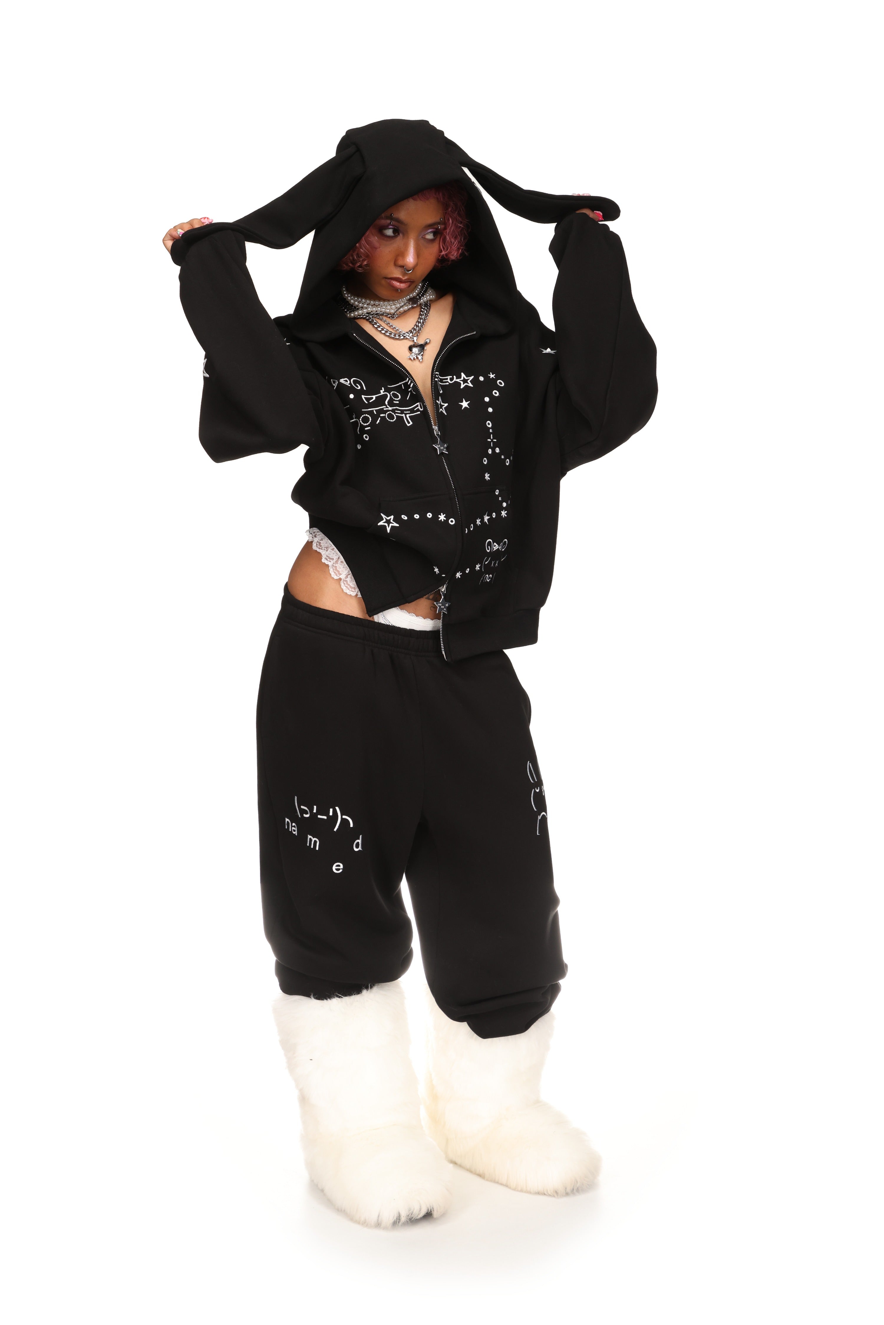 MALFUNCTION BUNNY ZIP HOODIE BLACK (DETACHABLE EARS)