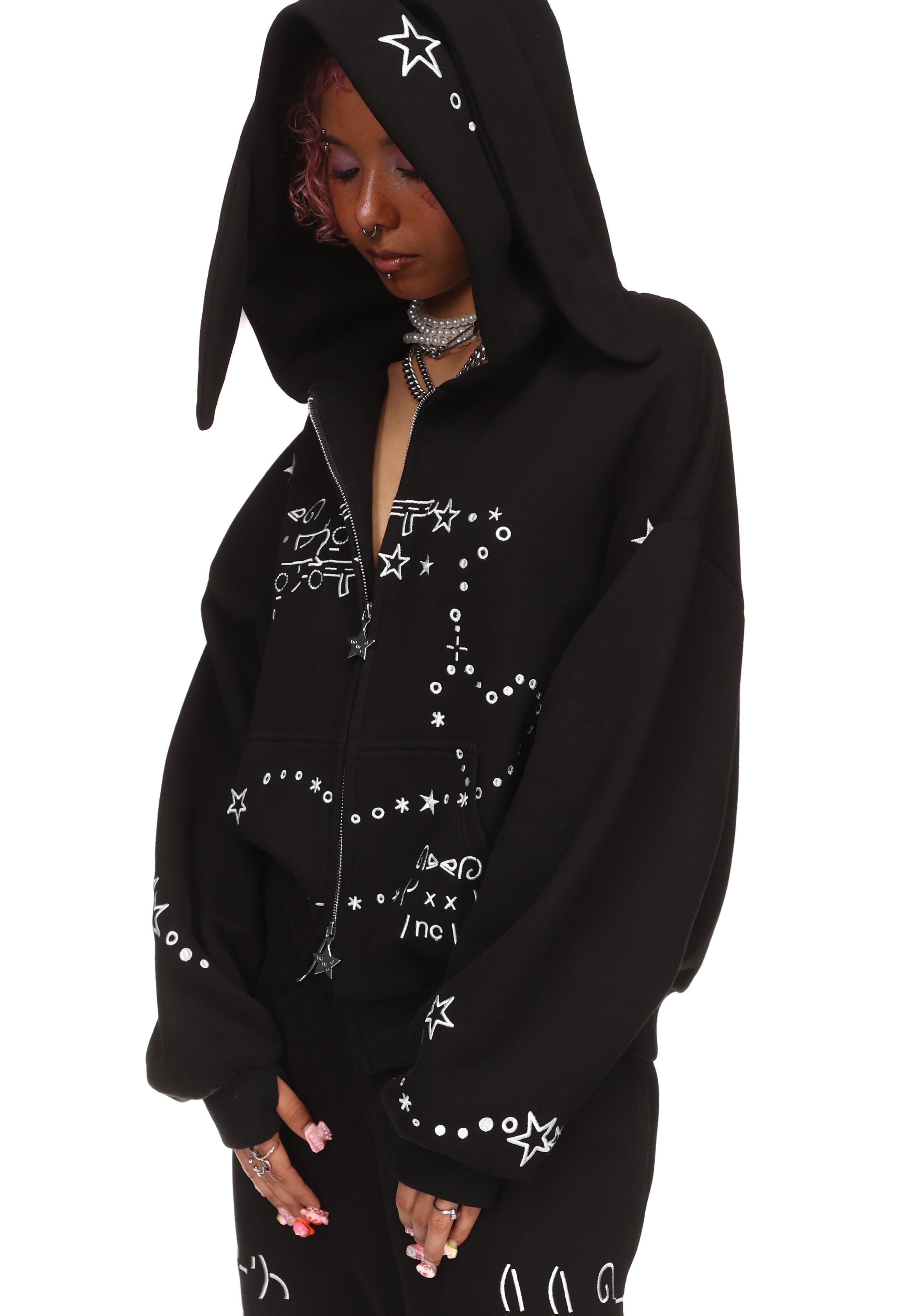 MALFUNCTION BUNNY ZIP HOODIE BLACK (DETACHABLE EARS)