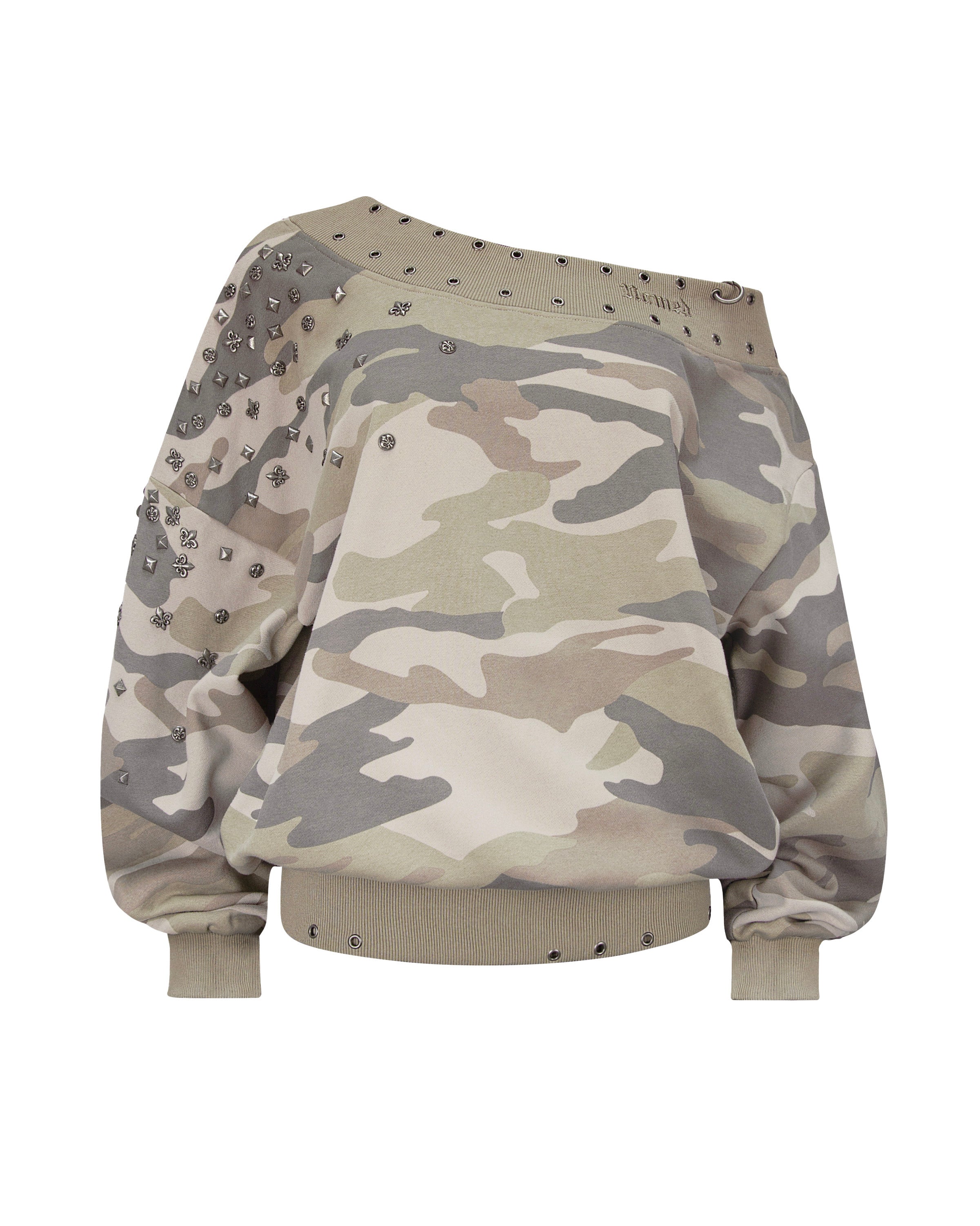 MIDNIGHT STUDDED OFF THE SHOULDER SWEATER CAMO