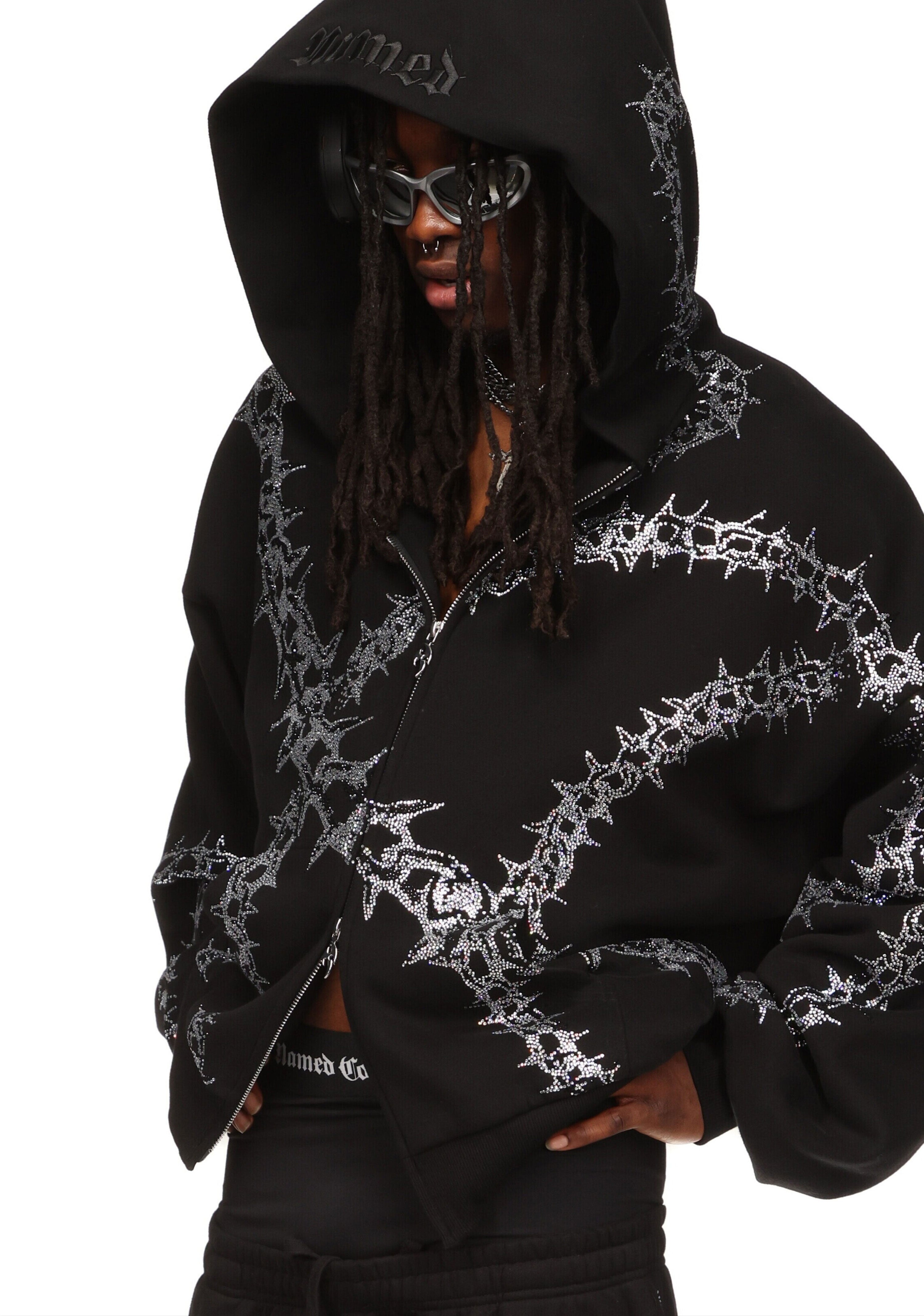 OMEN RHINESTONE ZIP HOODIE BLACK