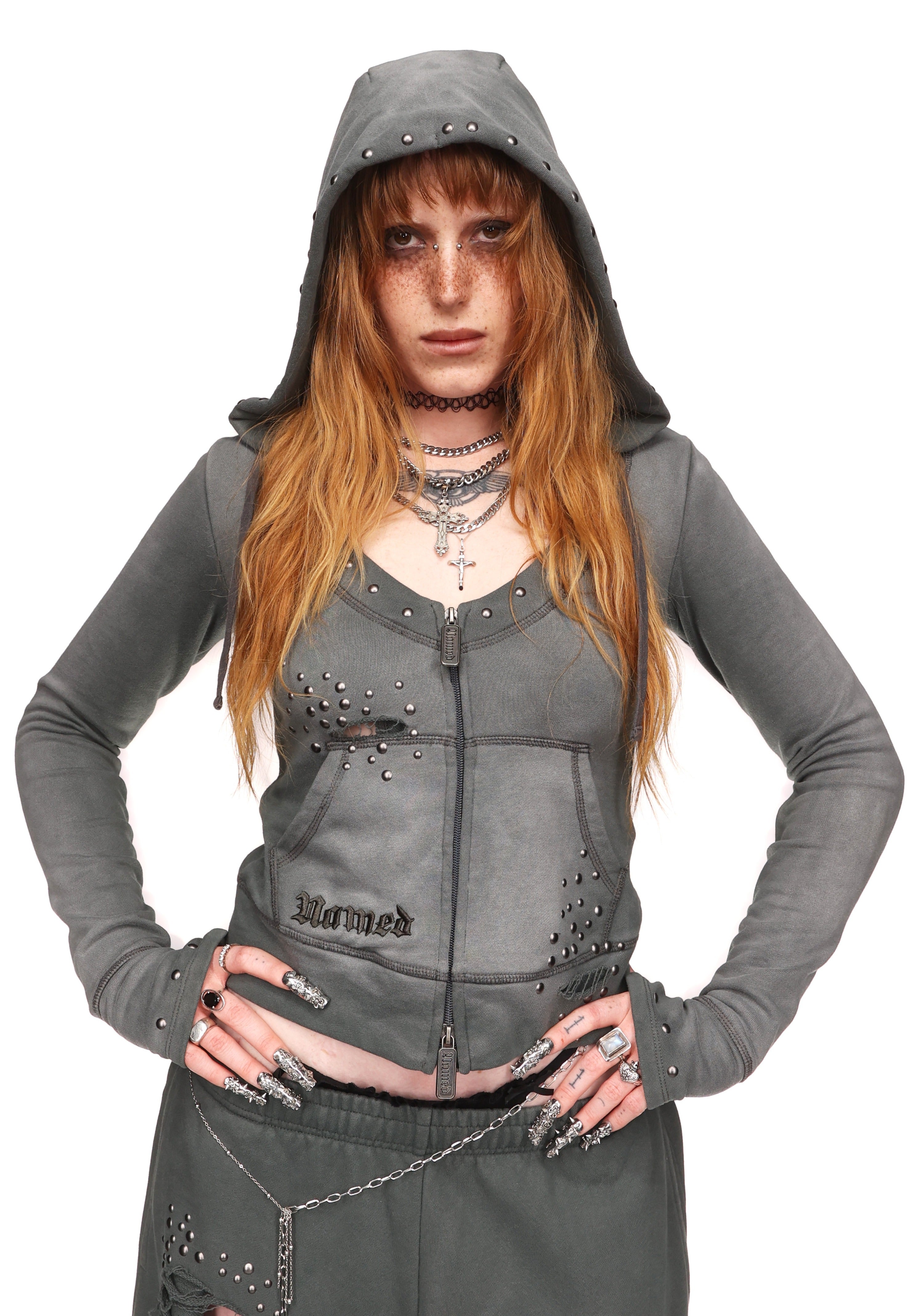 SHADOW STUDDED FITTED HOODIE WASHED GREY