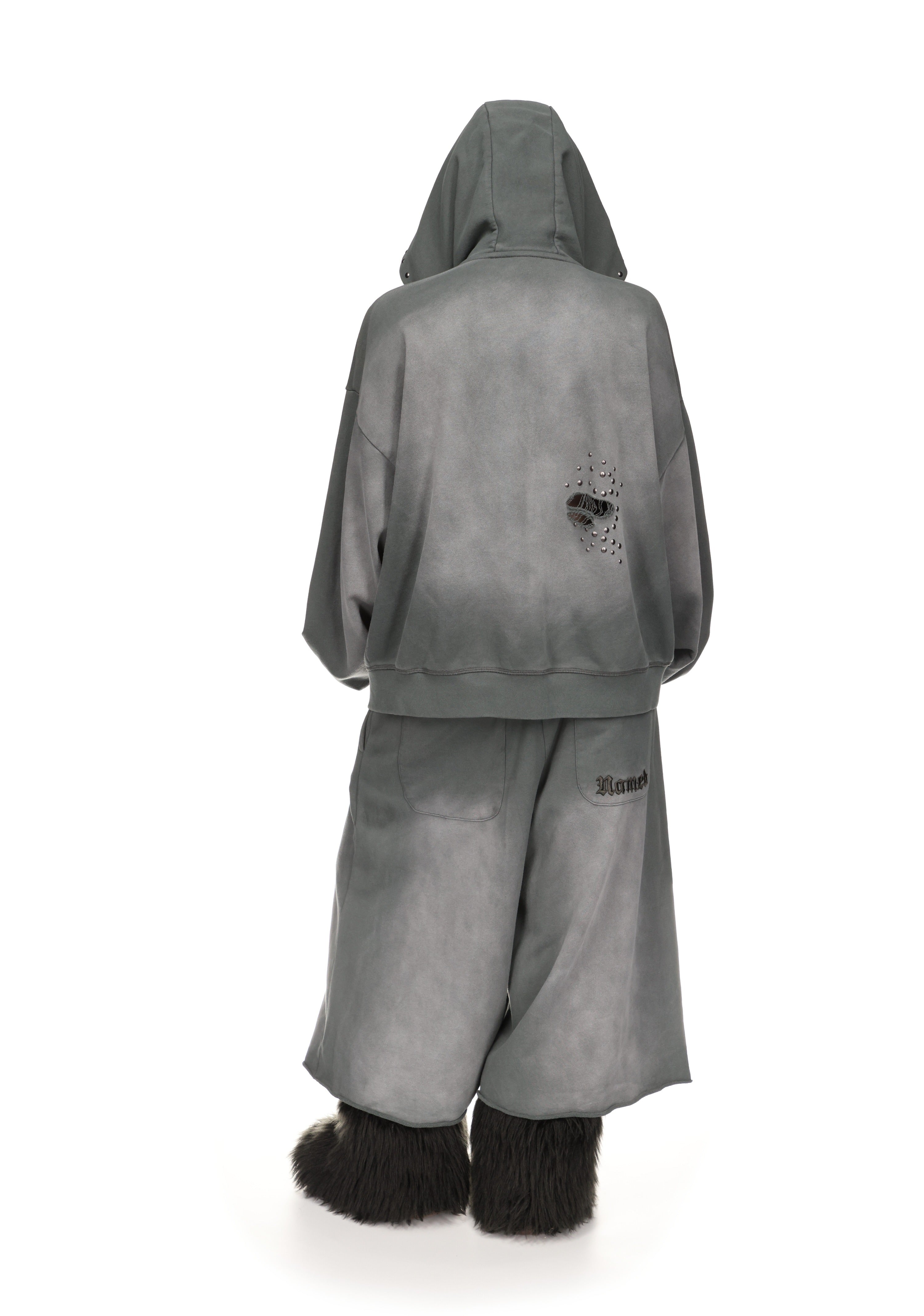 SHADOW STUDDED ZIP HOODIE WASHED GREY