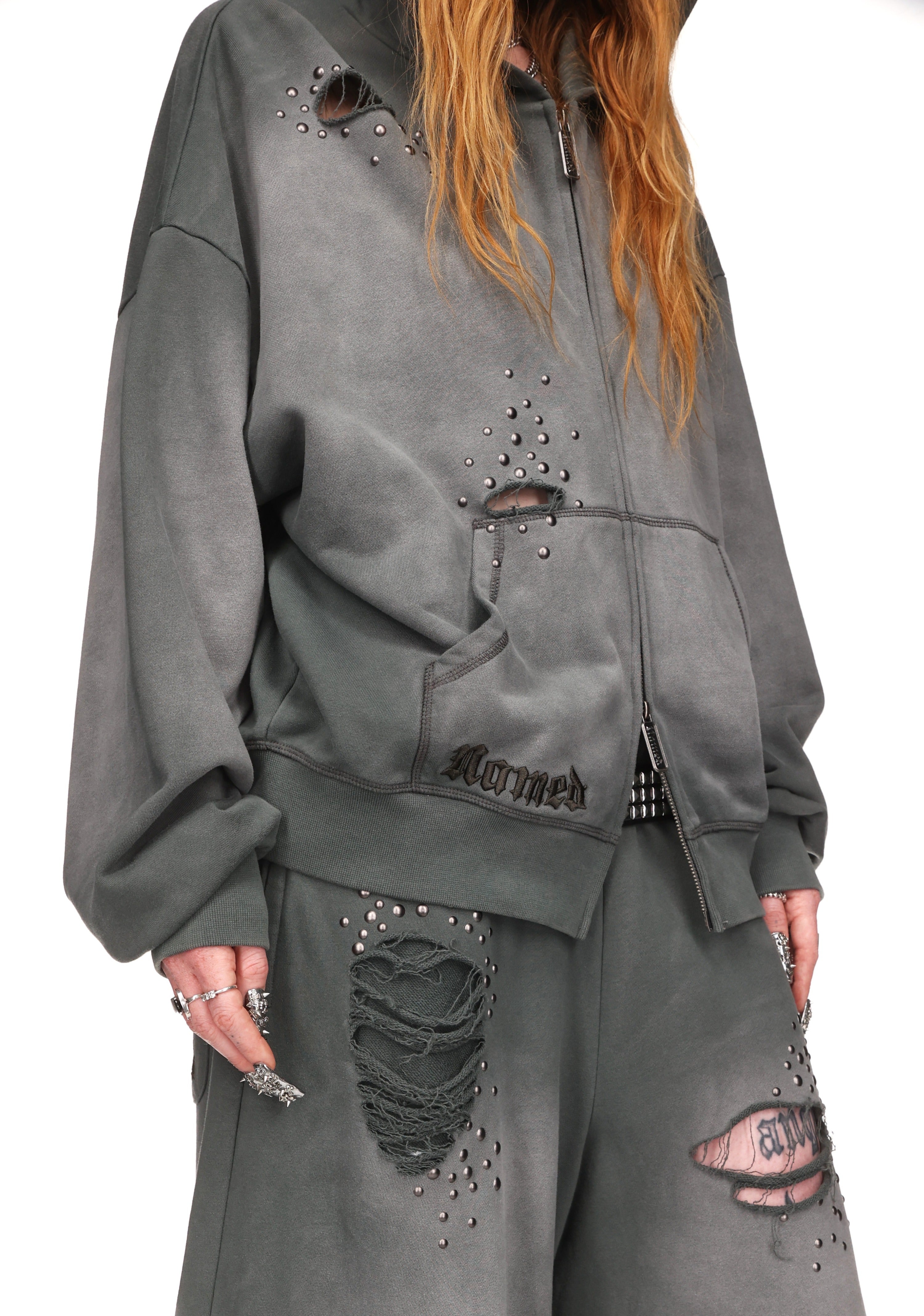 SHADOW STUDDED ZIP HOODIE WASHED GREY