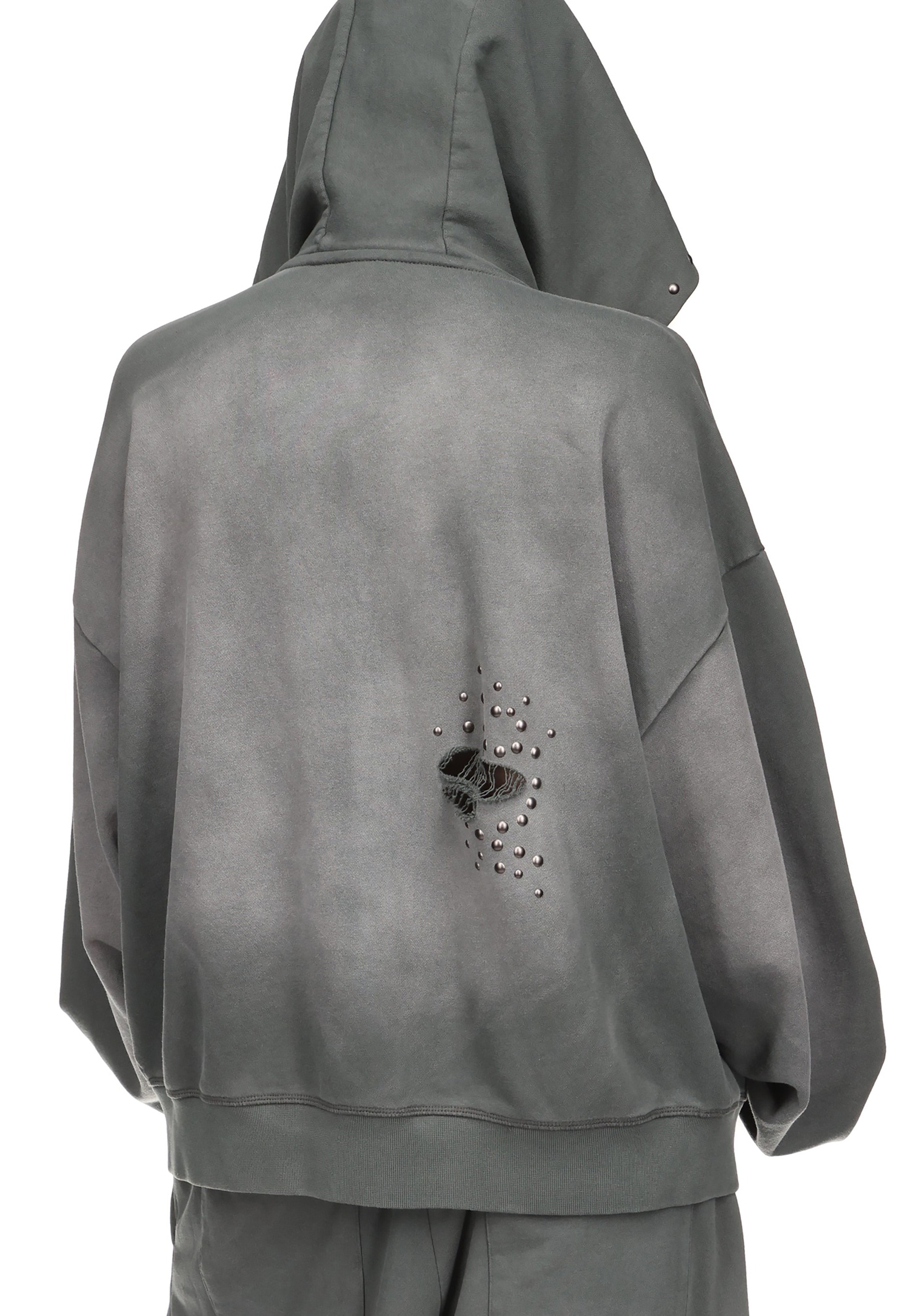SHADOW STUDDED ZIP HOODIE WASHED GREY