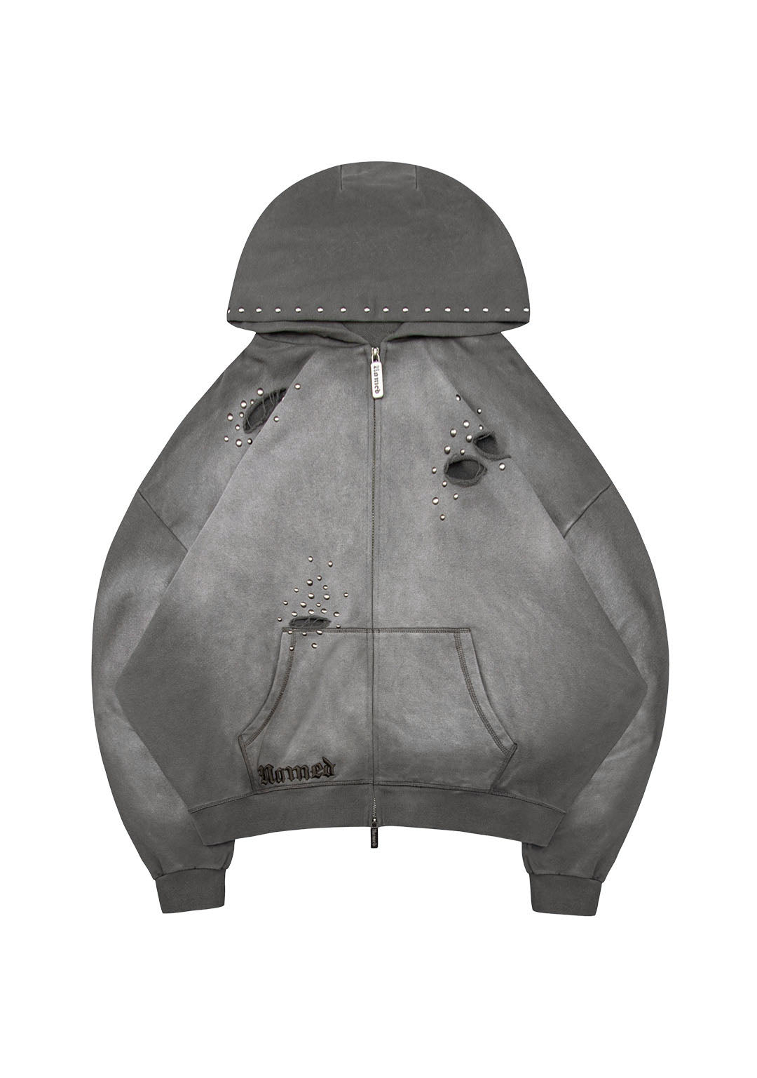 SHADOW STUDDED ZIP HOODIE WASHED GREY