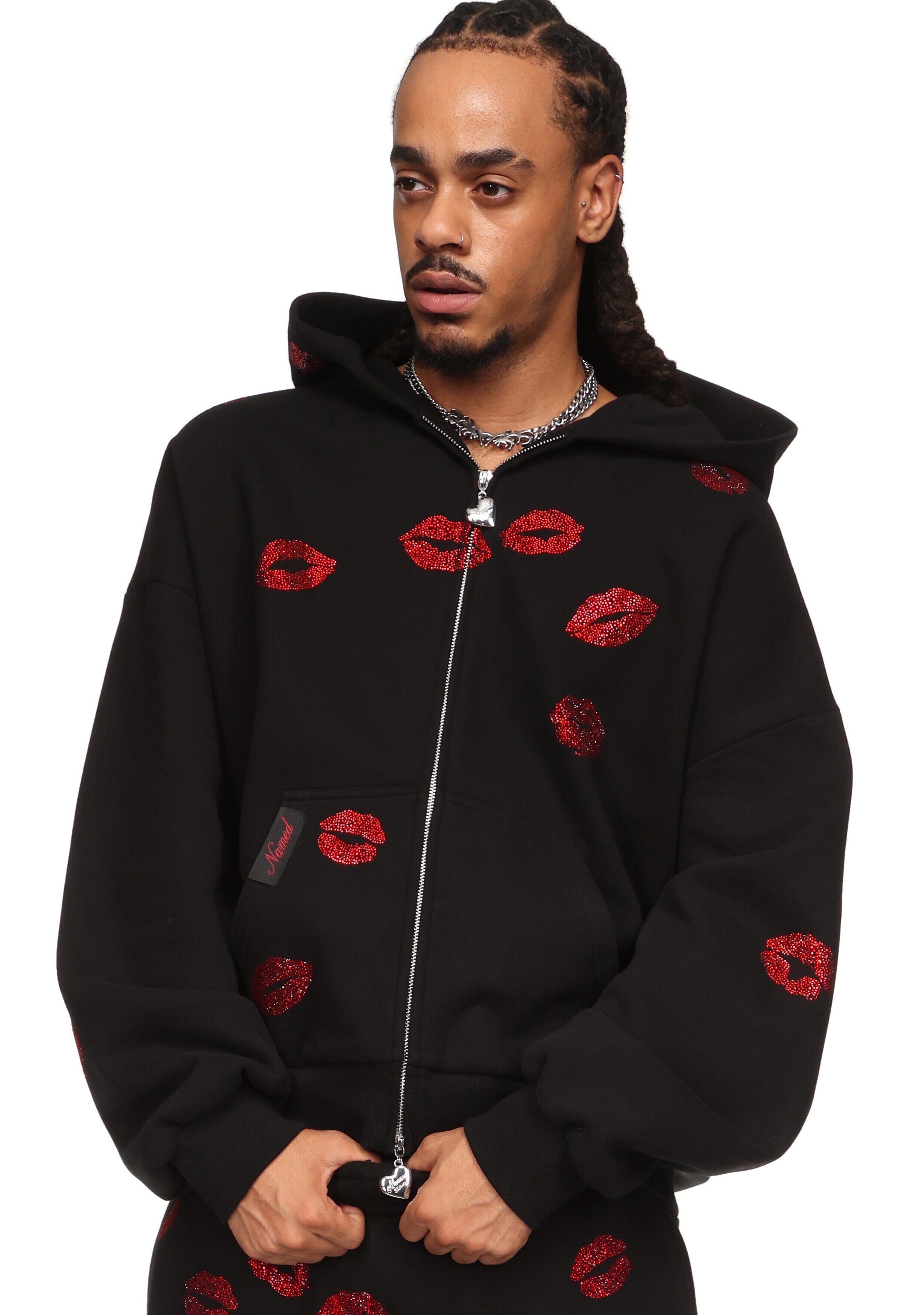 TEASE RHINESTONE KISS ZIP HOODIE BLACK