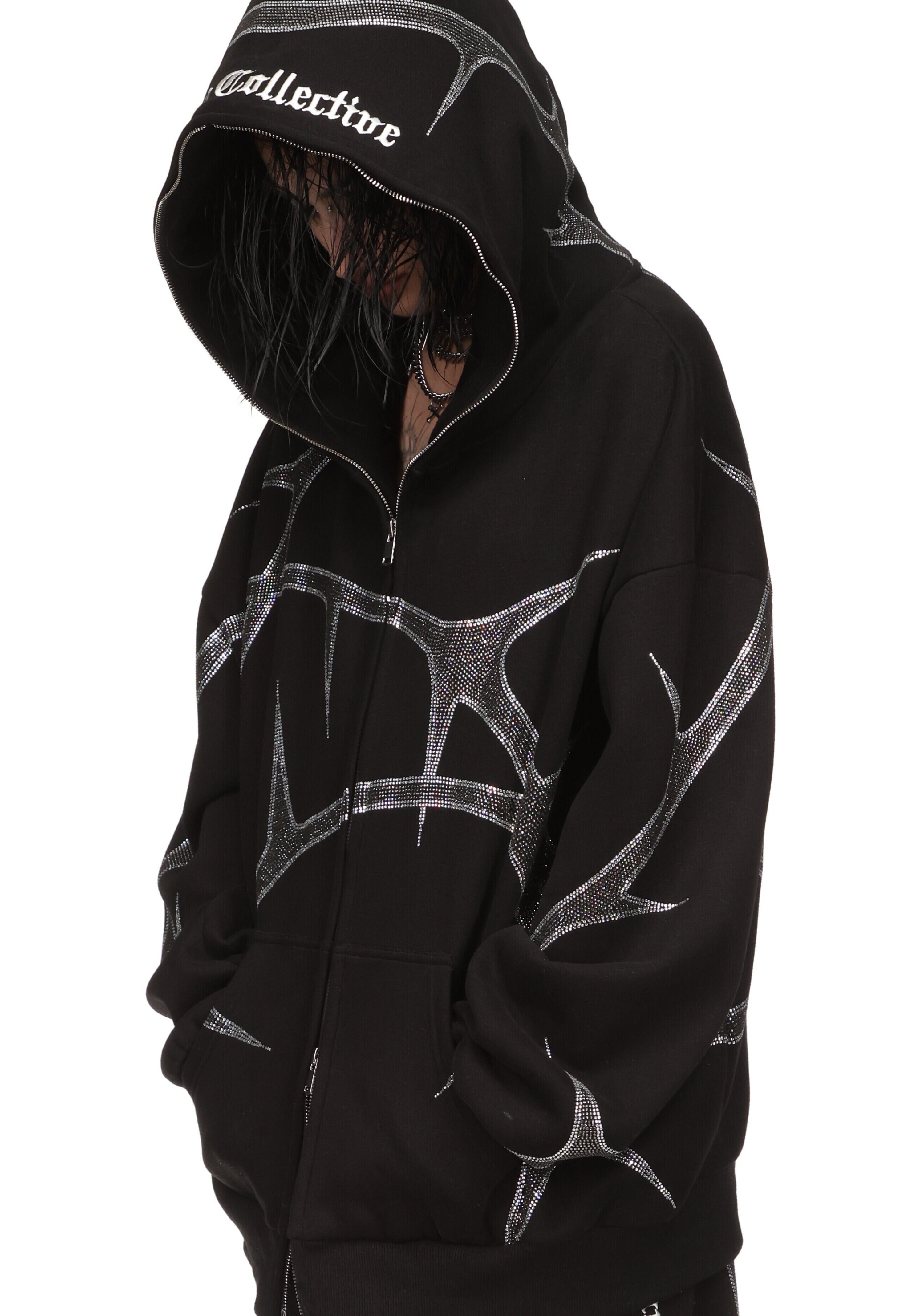 THORN RHINESTONE ZIP HOODIE BLACK