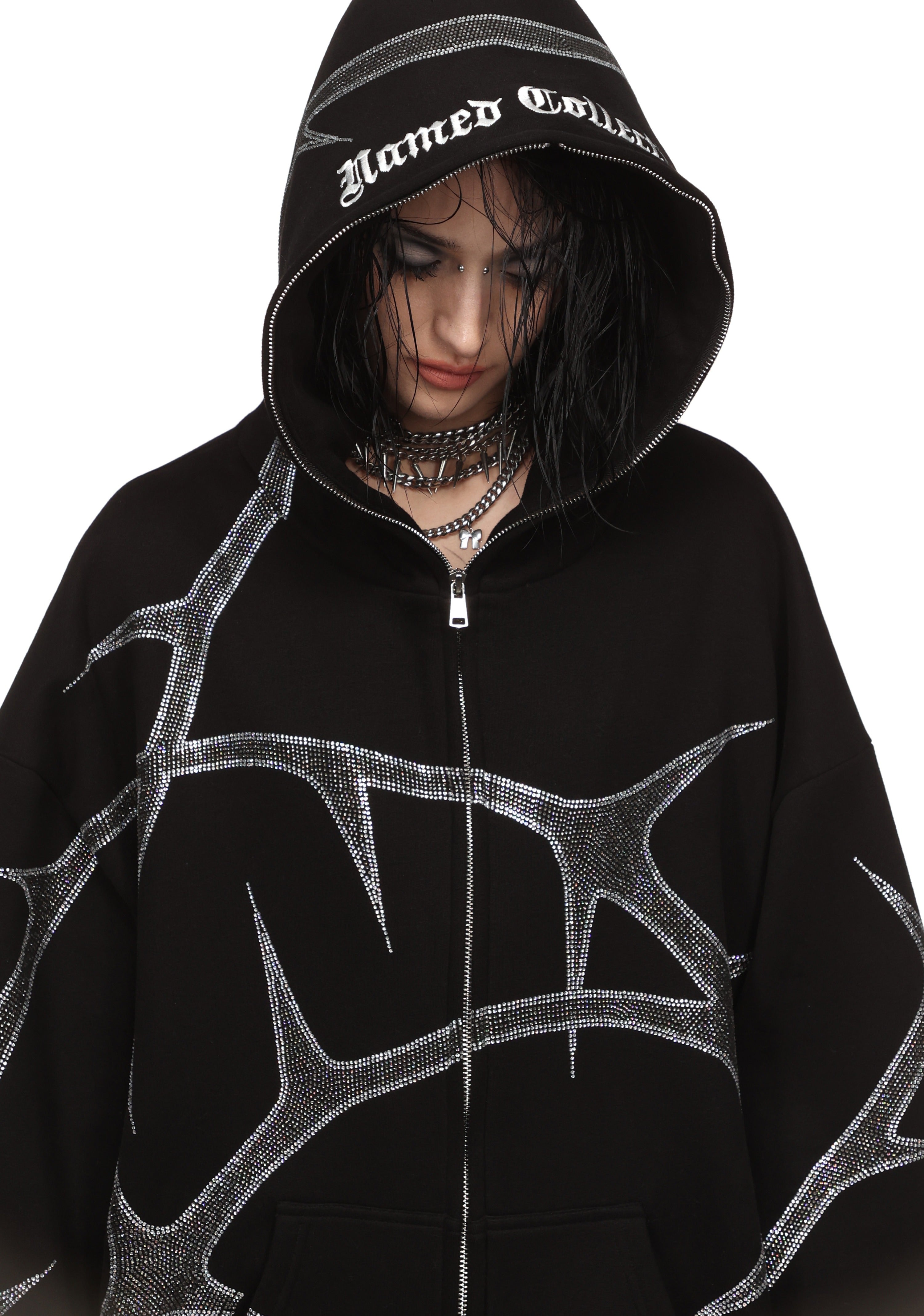 THORN RHINESTONE ZIP HOODIE BLACK