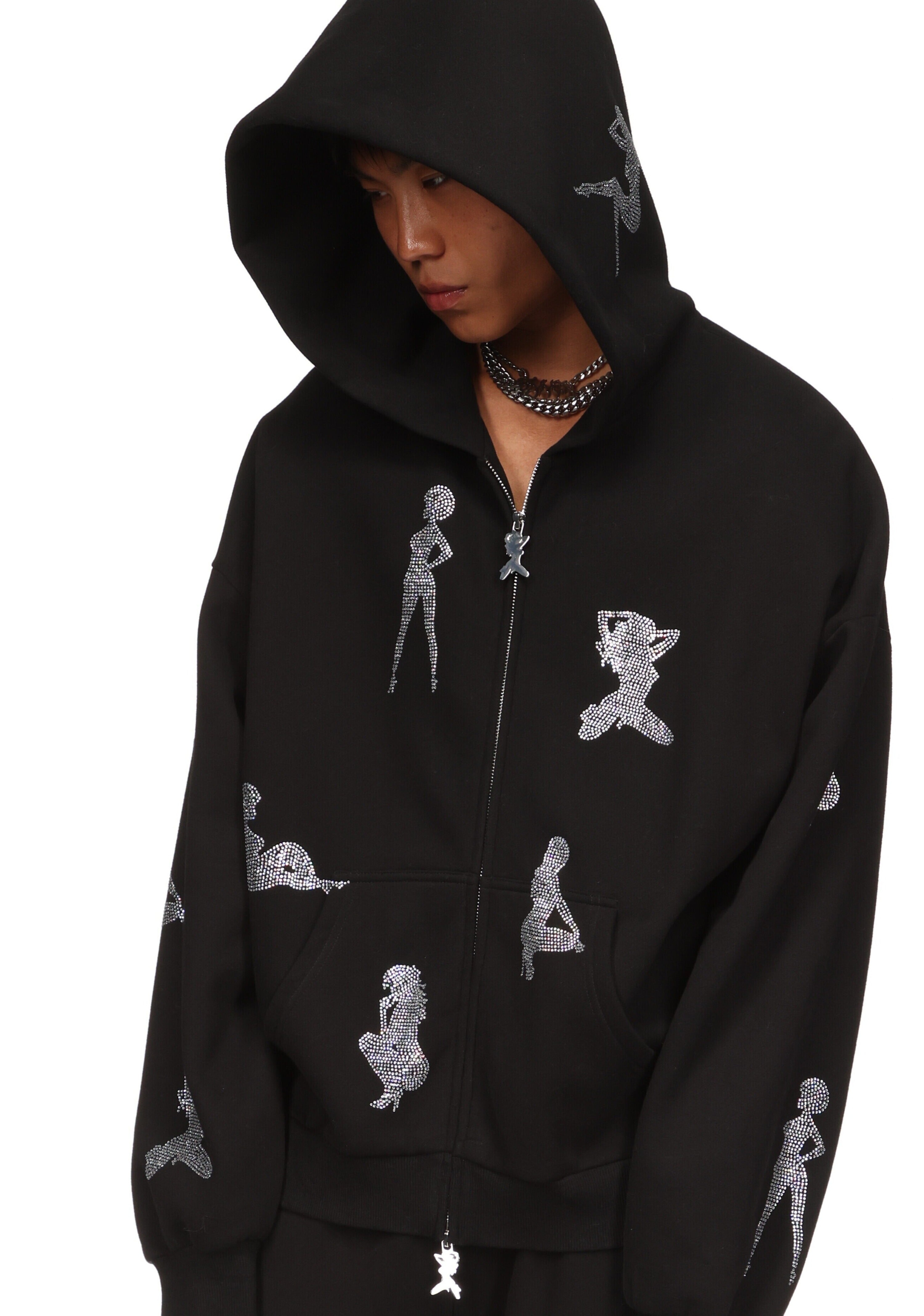 UNREALISTIC IDEALS RHINESTONE ZIP HOODIE BLACK