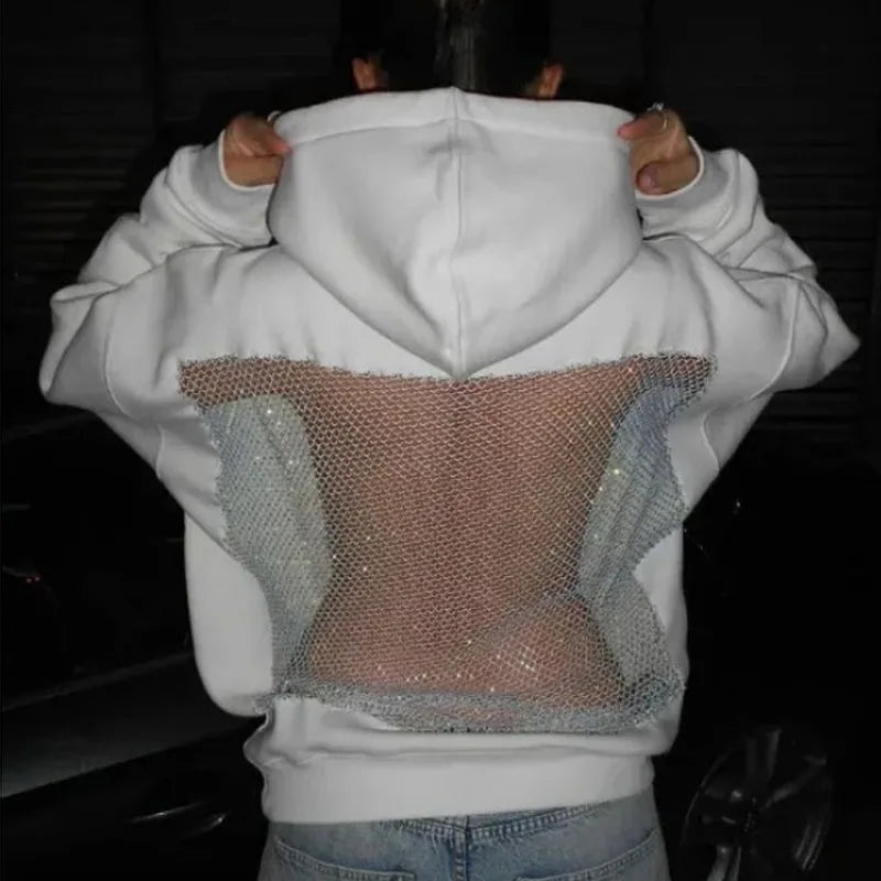 Rhinestone Mesh Back Oversized Hoodie