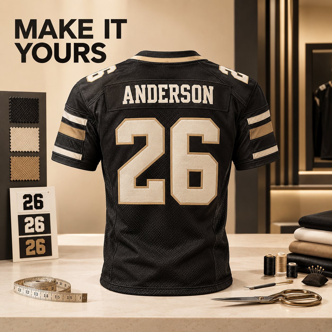Custom black and gold NFL jersey with ANDERSON 26 stitched on the back