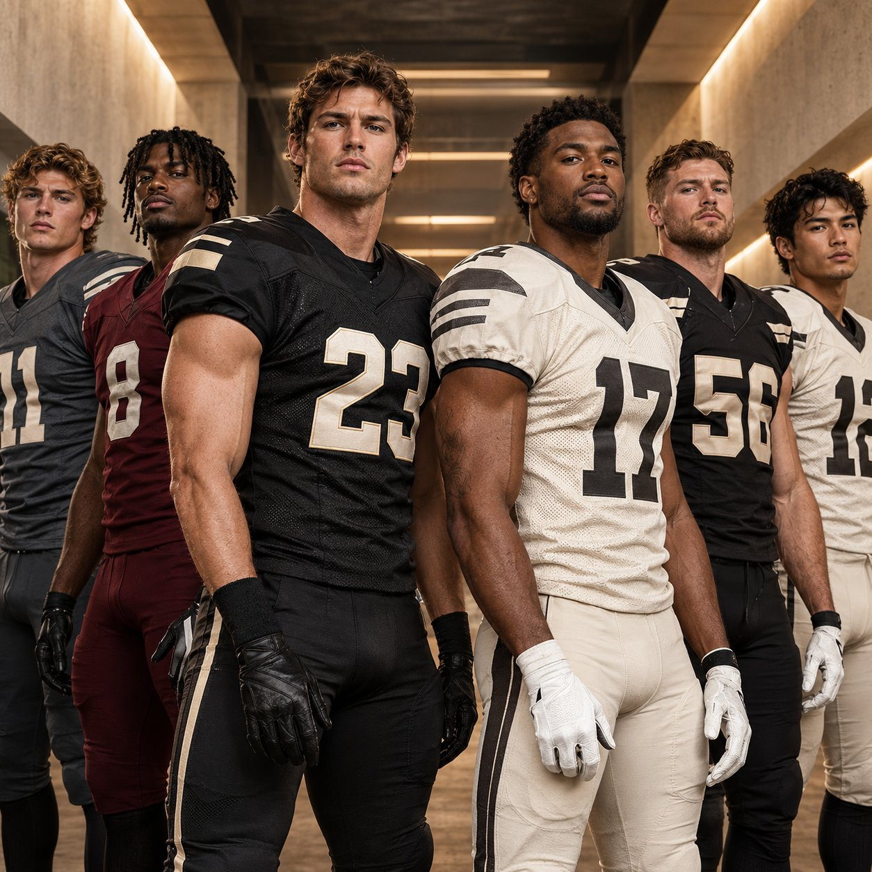 Six american football players standing in a stadium tunnel in black and cream jerseys