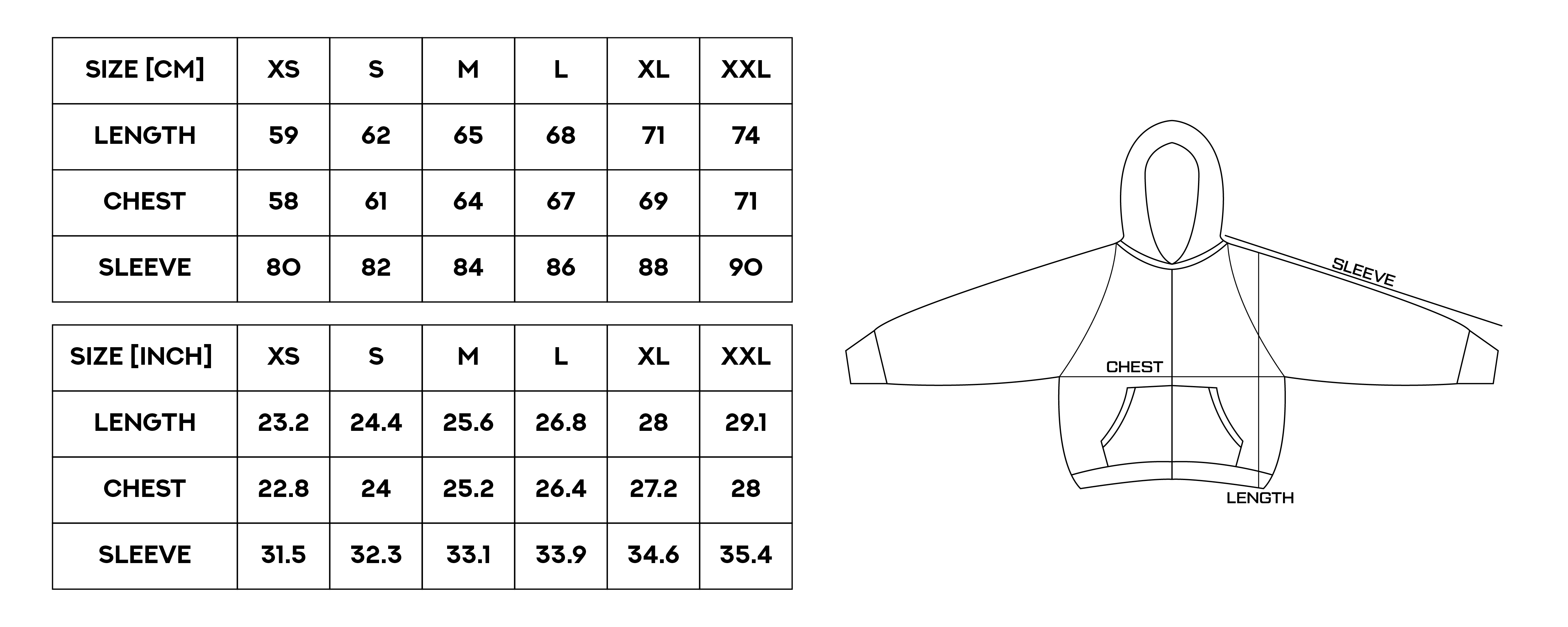 Glitch Hood (Light Grey) size chart