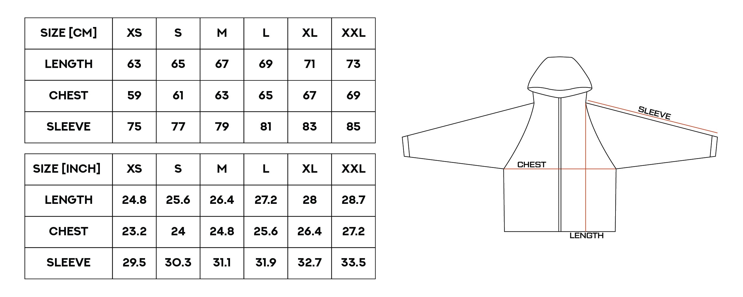 Maple Leaf Jacket (Orange) size chart
