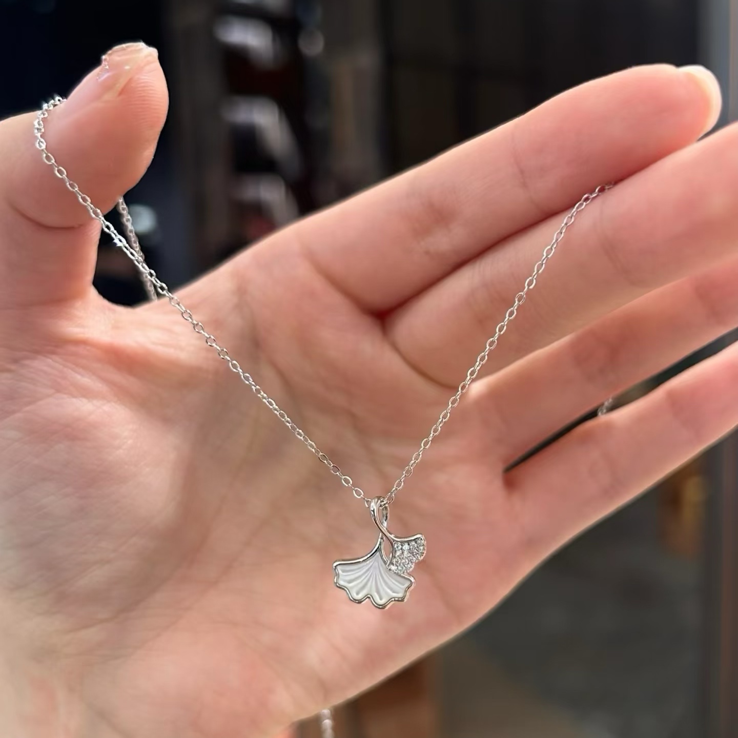 Ginkgo Leaf Mother of Pearl S925 Sterling Silver Dainty Necklace For Women Daily Wear