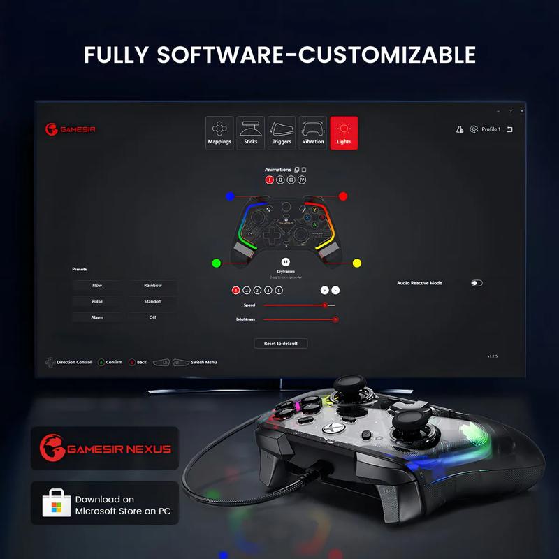 GameSir Kaleid Mando con Cable para Xbox One/PC con Hall-Control con cable para Xbox Series X/S, Xbox One, Windows 10/11 y Steam. Joysticks y gatillos Hall anti-drift, precisos y duraderos. Transparente con luz RGB.