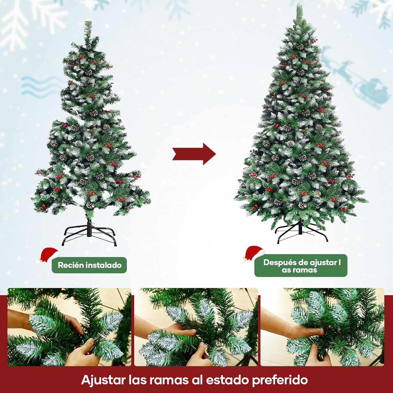 2.1M Árbol de Navidad Nevado, 1200 PVC Ramas, Árbol de Navidad Artificial con Bayas Rojas y Piñas, Soporte de Metal, Decoraciones Navideñas para Uso Interior y Exterior