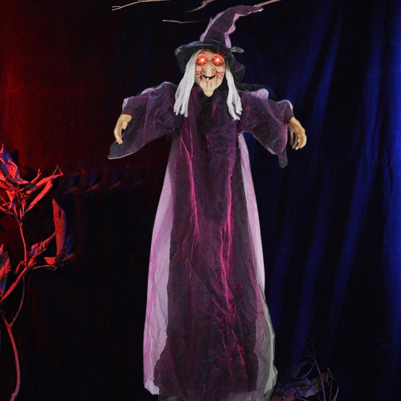 Marca Sound Activated Glowing Hanging Witch de Tamaño Real con Movimiento de Boca y Voz R2B7 Prop Animado de Halloween en Látex Natural 180cm